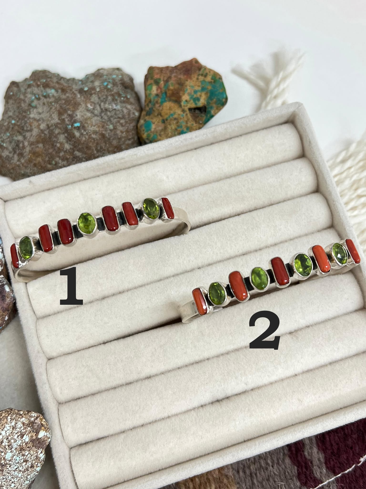 Christmas Collection Handmade Sterling Silver Coral with Peridot Bracelet with Signed Nizhoni