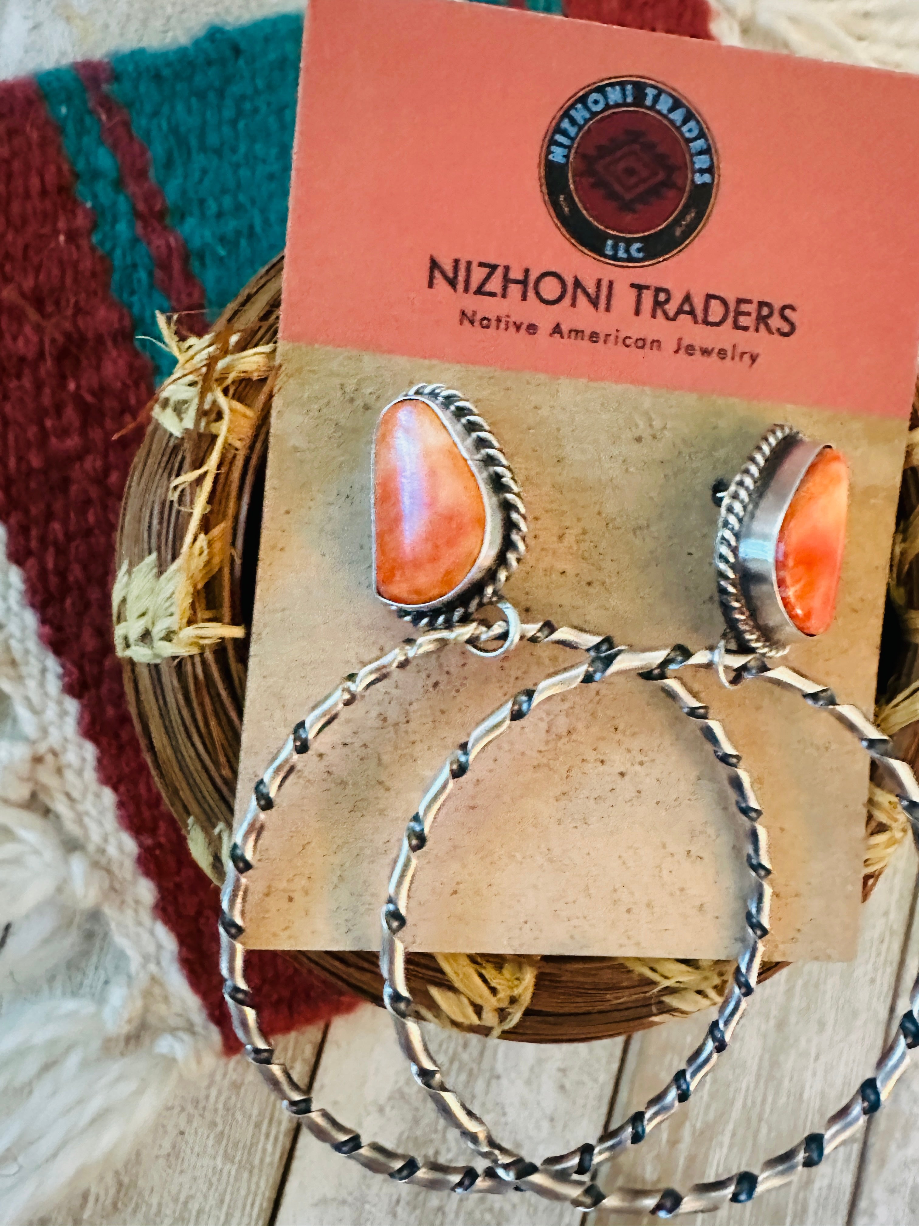 Navajo Orange Spiny and Sterling Silver Dangle Hoop Earrings