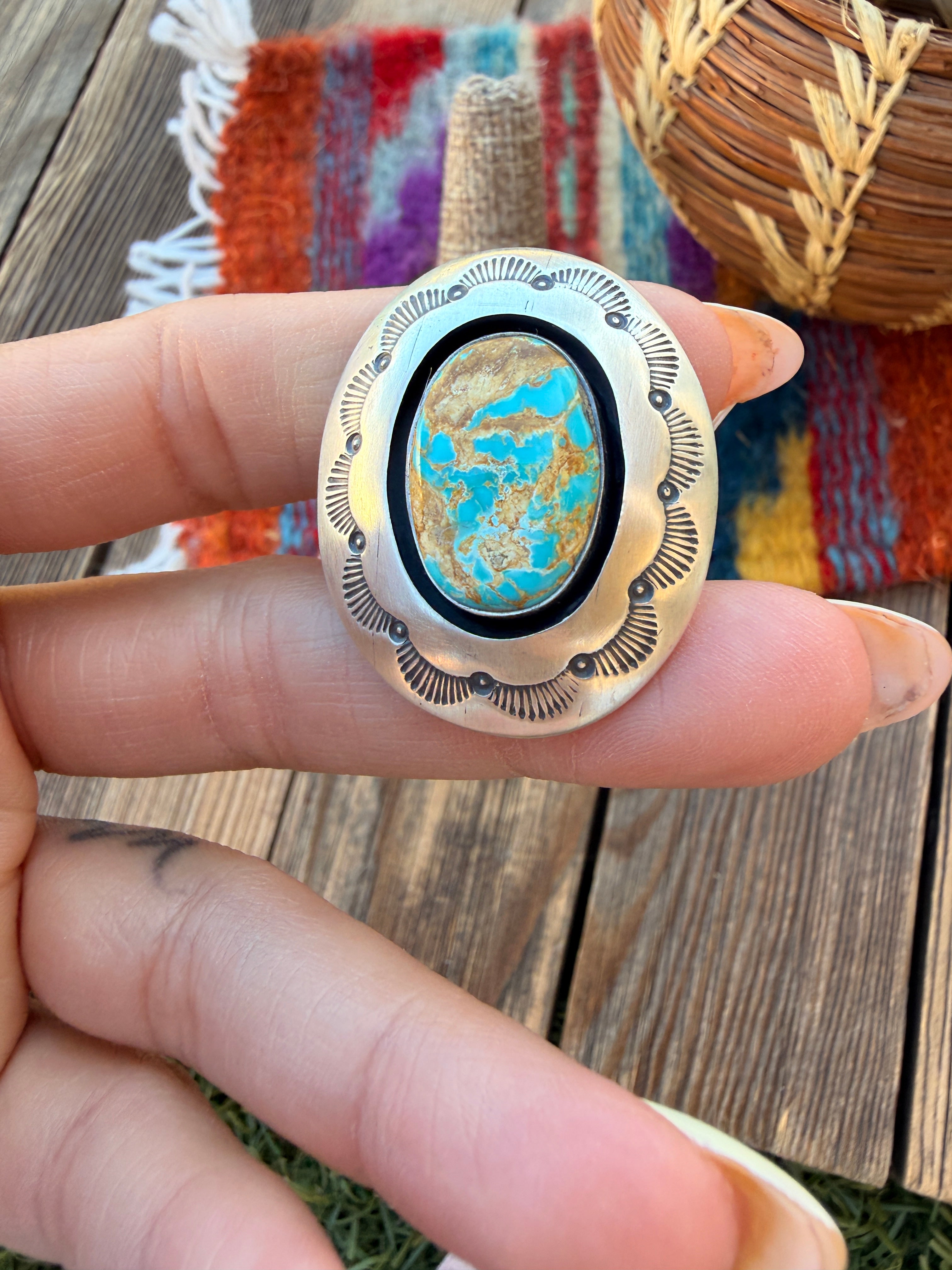 Handcrafted Royston Turquoise & Sterling Silver Ring Size 8.5