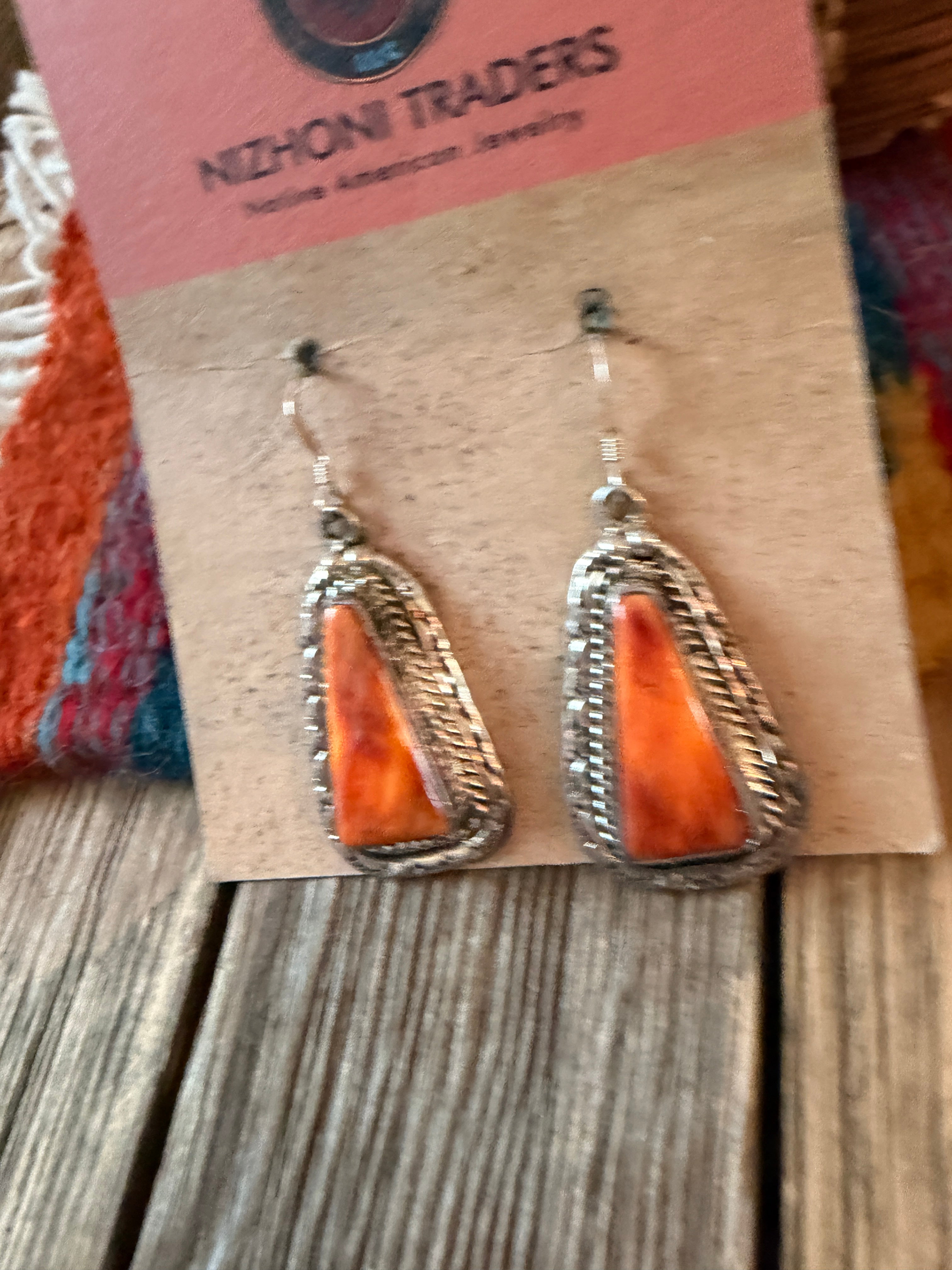 Handcrafted Orange Spiny And Sterling Silver Dangle Earrings