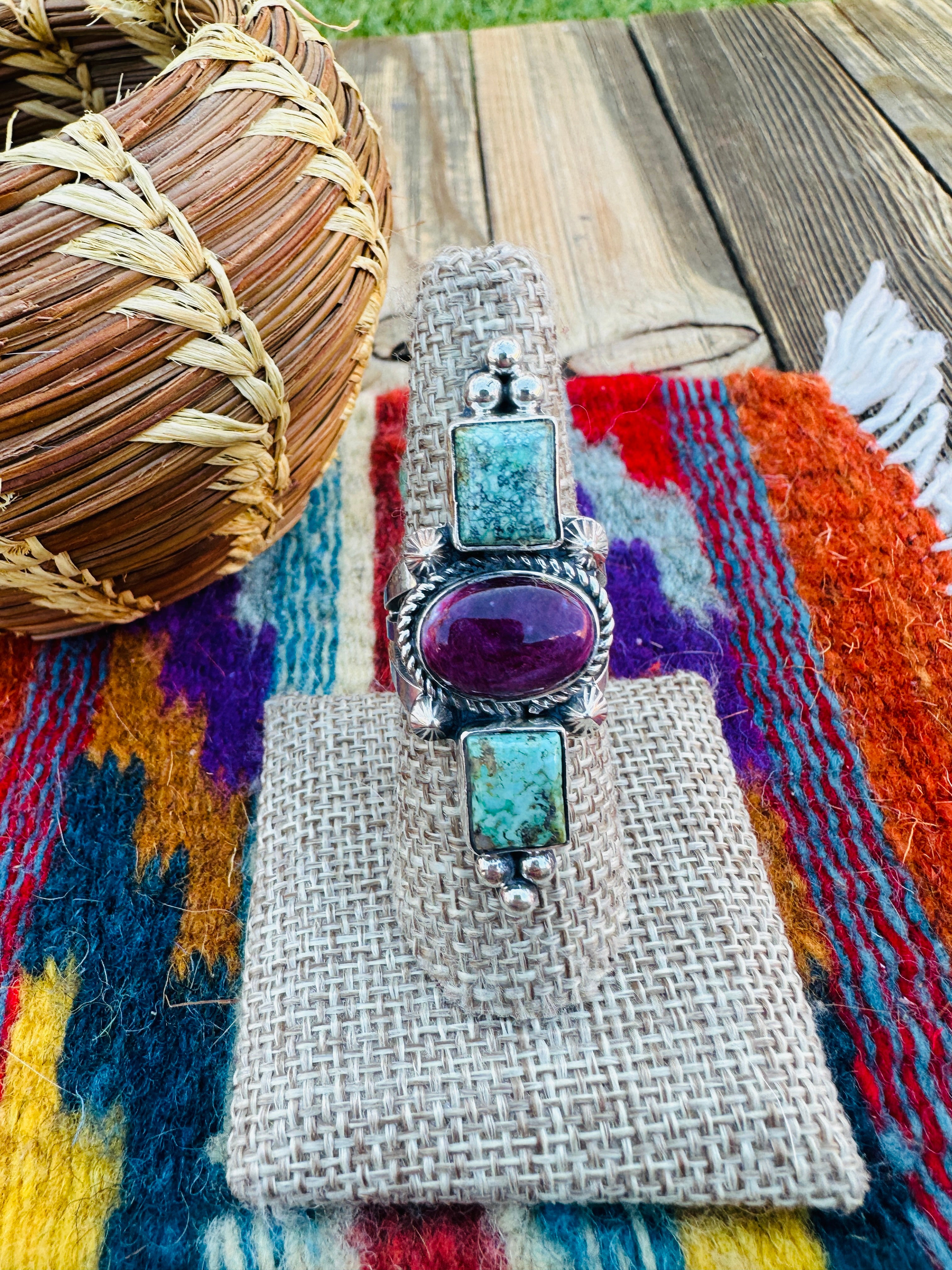 Handcrafted Turquoise, Spiny Oyster & Sterling Silver Ring 8 by Rosella Paxson