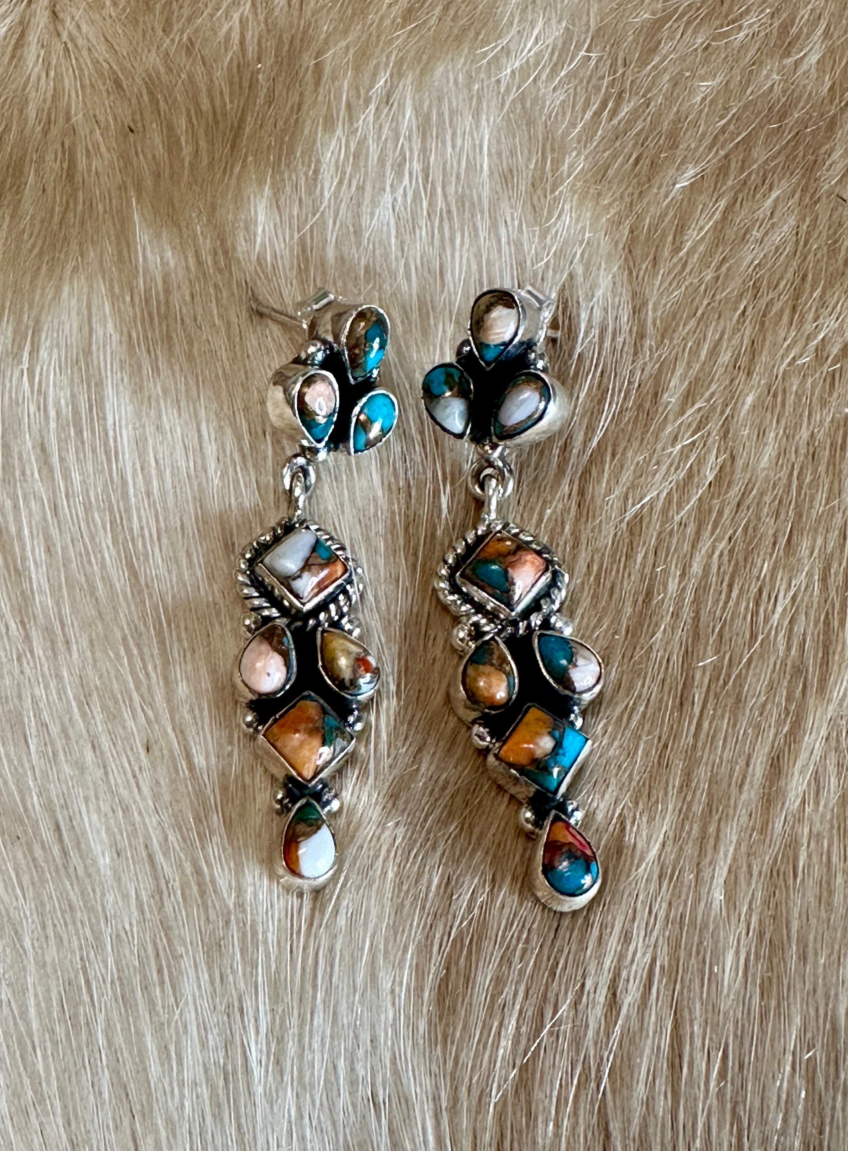 Handmade Spice- Spiny Oyster Turquoise Dangle Sterling Silver Earrings
