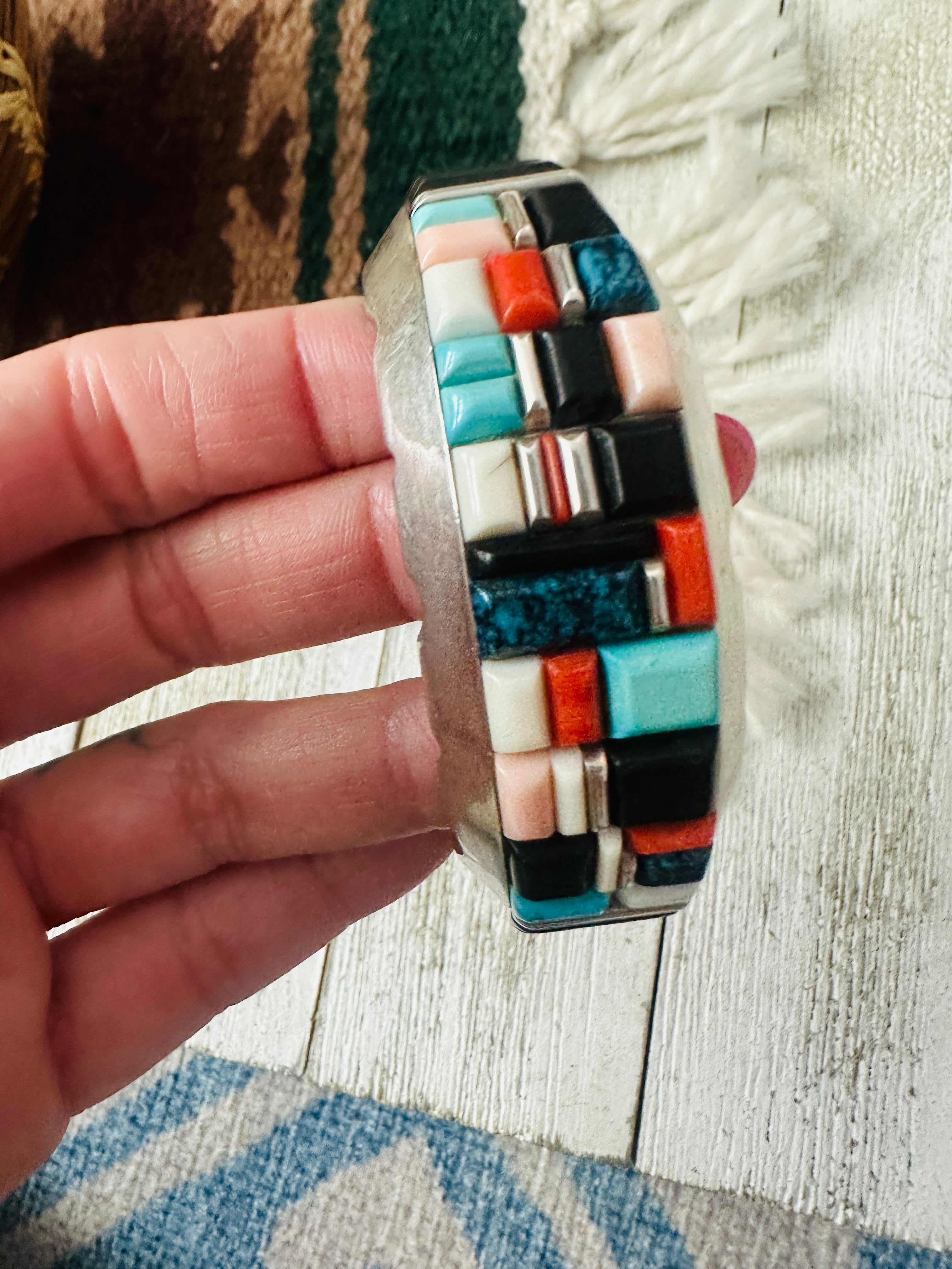 Handcrafted Old Pawn Multi Stone & Sterling Silver Inlay Cuff Bracelet