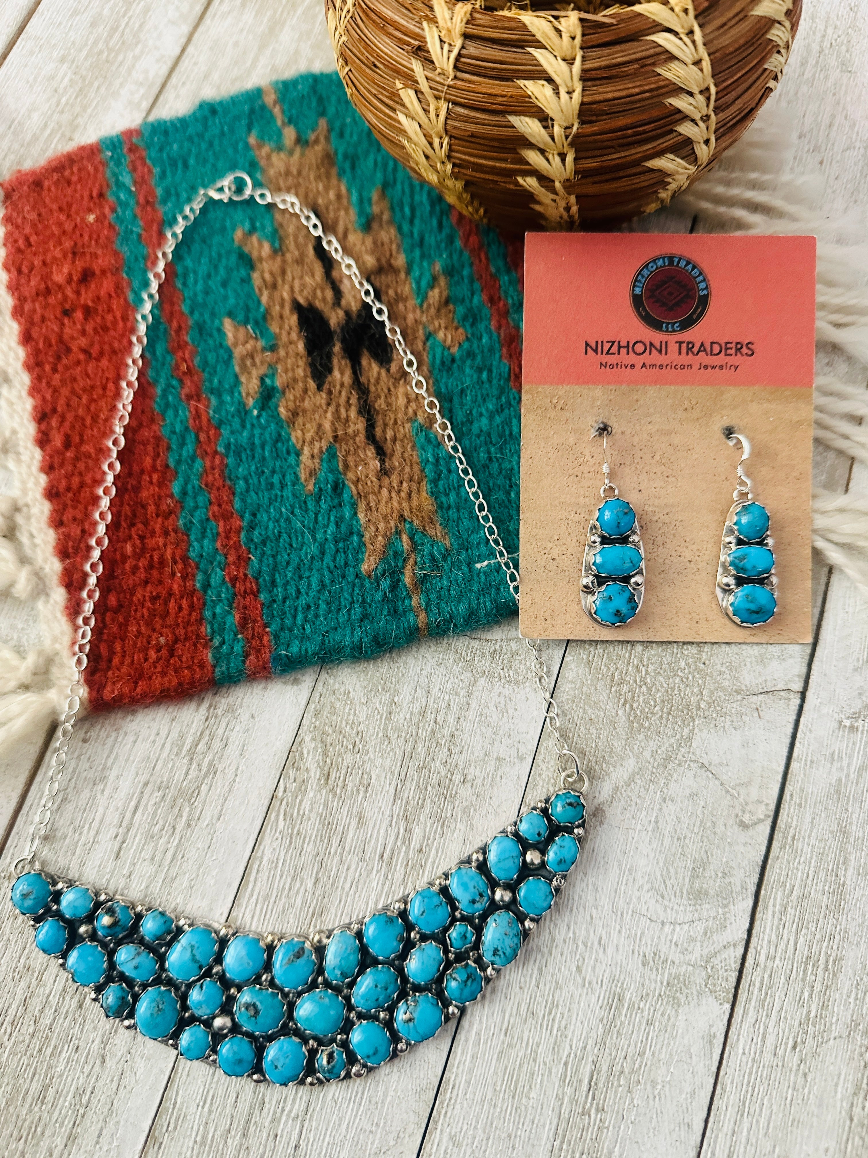Handcrafted Sterling Silver & Turquoise Cluster Necklace and Earring Set