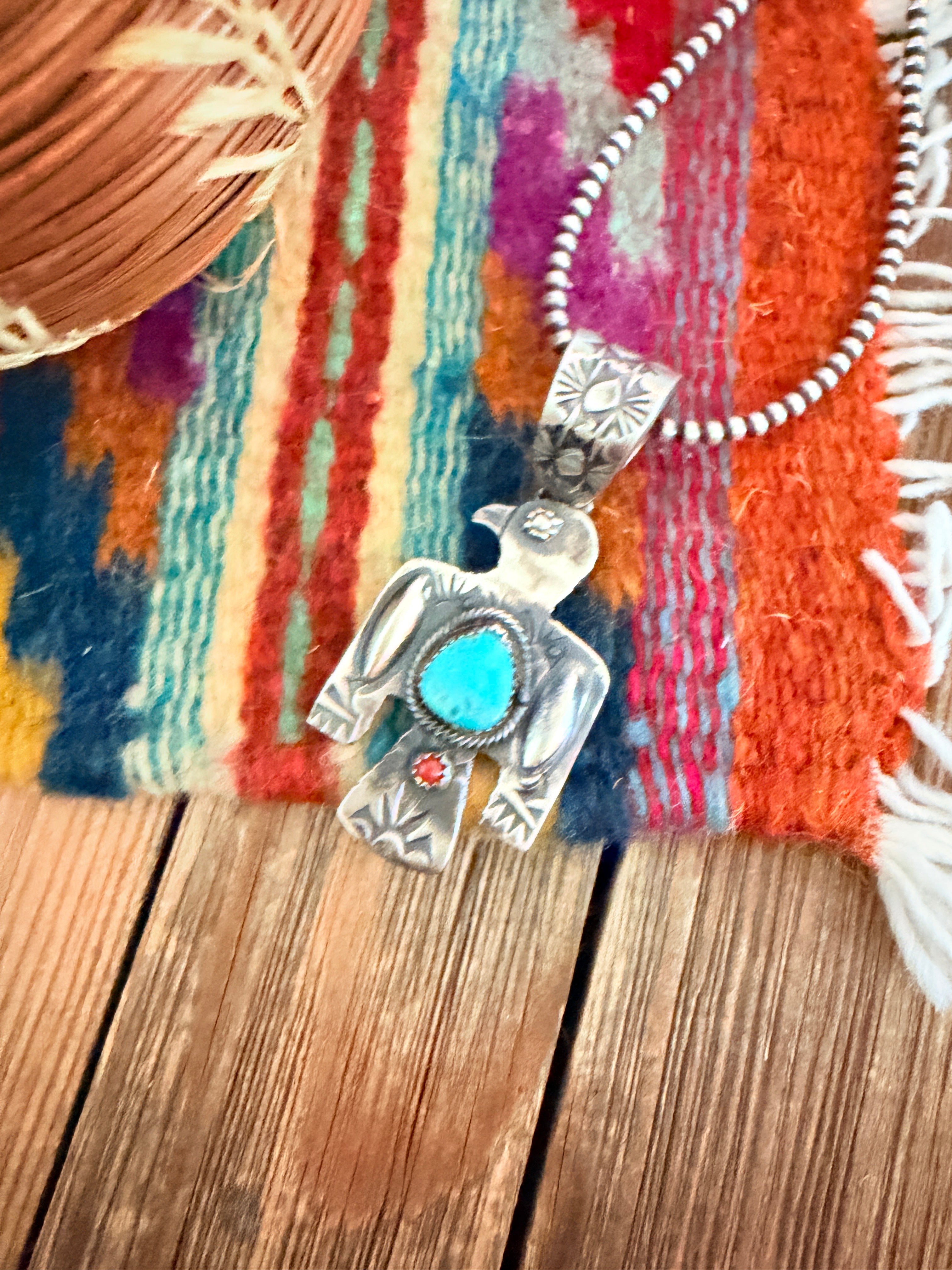 Handcrafted Turquoise, Coral & Sterling Silver Thunderbird Pendant by Richard Yazzie