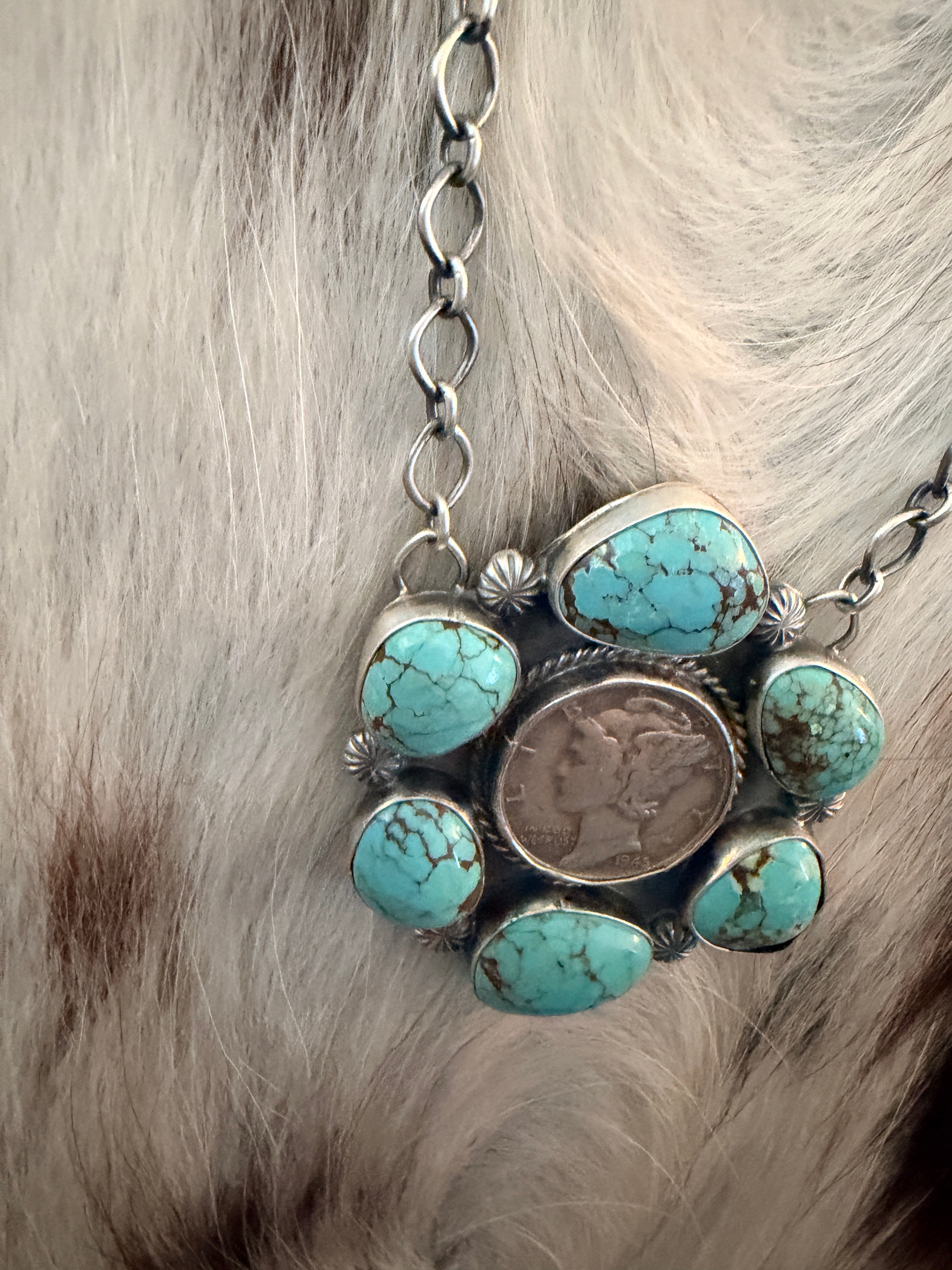 Handcrafted Turquoise & Sterling Silver Liberty Dime Necklace by Sheila Tso