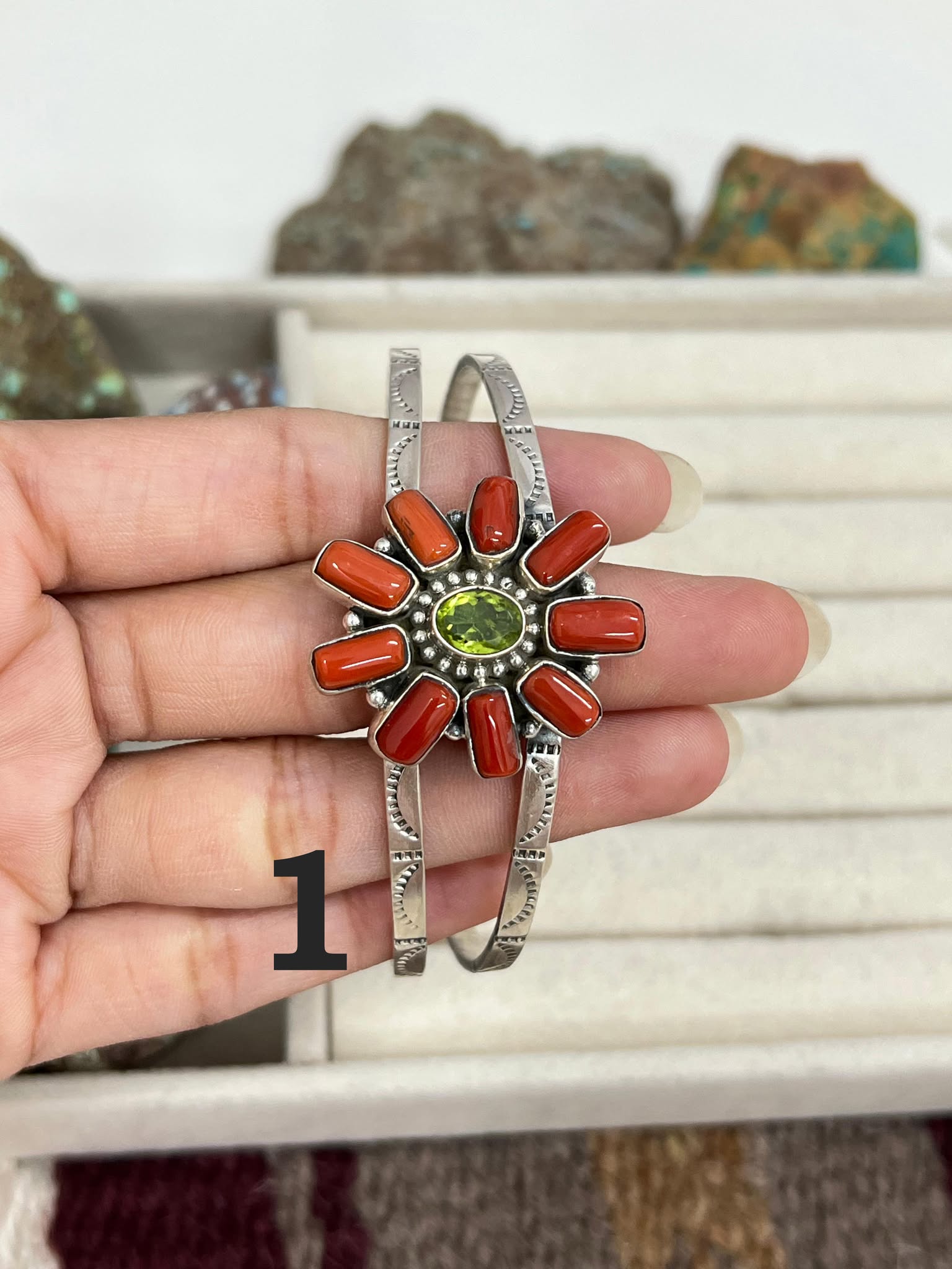 Christmas Collection Handmade Sterling Silver Coral with Peridot Bracelet with Signed Nizhoni