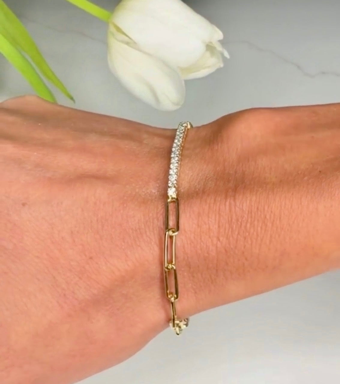 CZ & Paperclip 14k Gold Plated Chain Bracelet