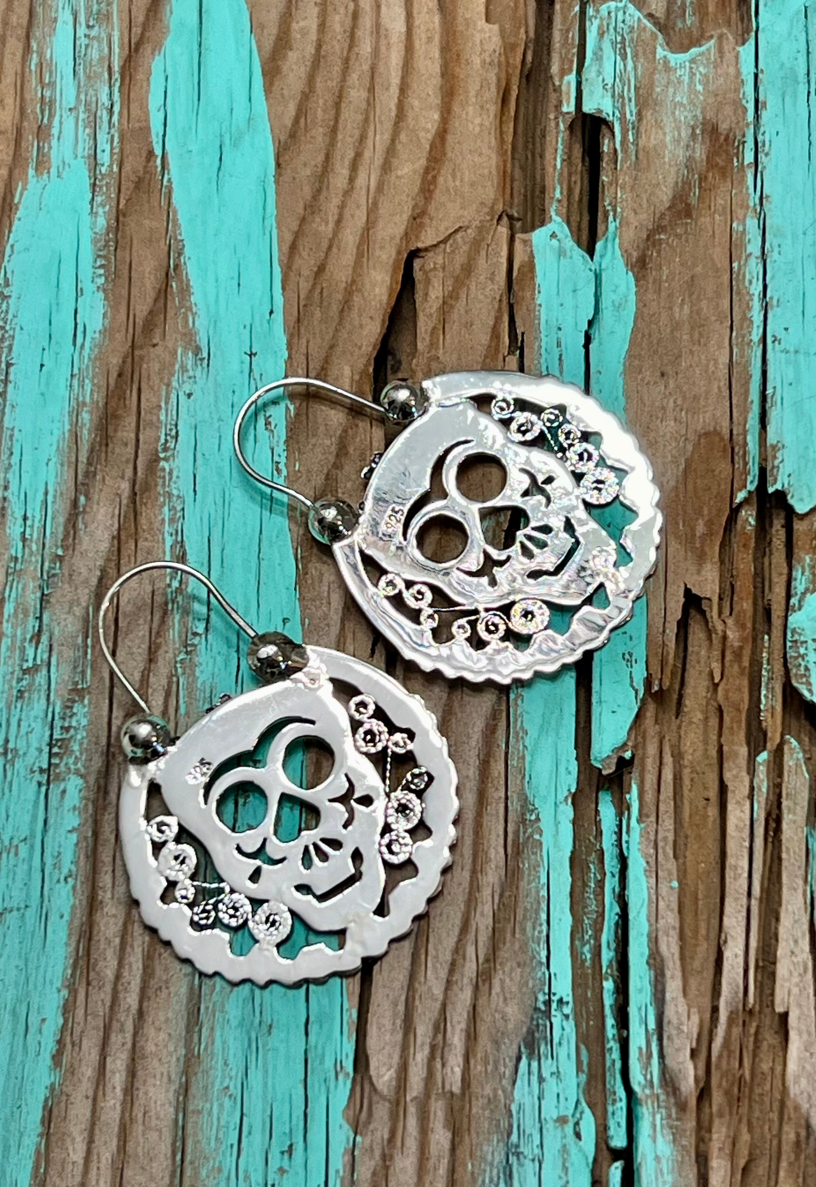 Pierced Sugar Skull on Arc Hook Sterling Silver Earrings