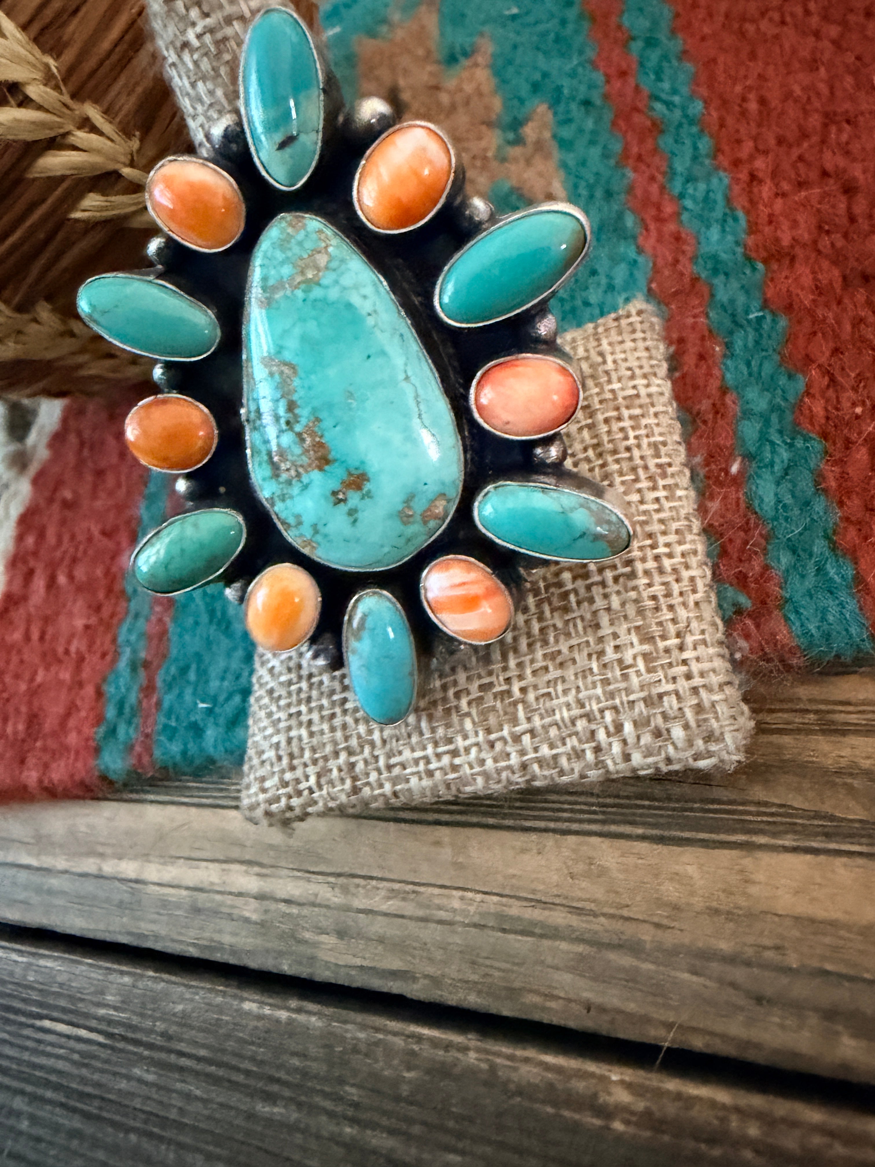 Handcrafted Spiny Oyster, Turquoise & Sterling Silver Cluster Ring by Sheila Becenti Size 12