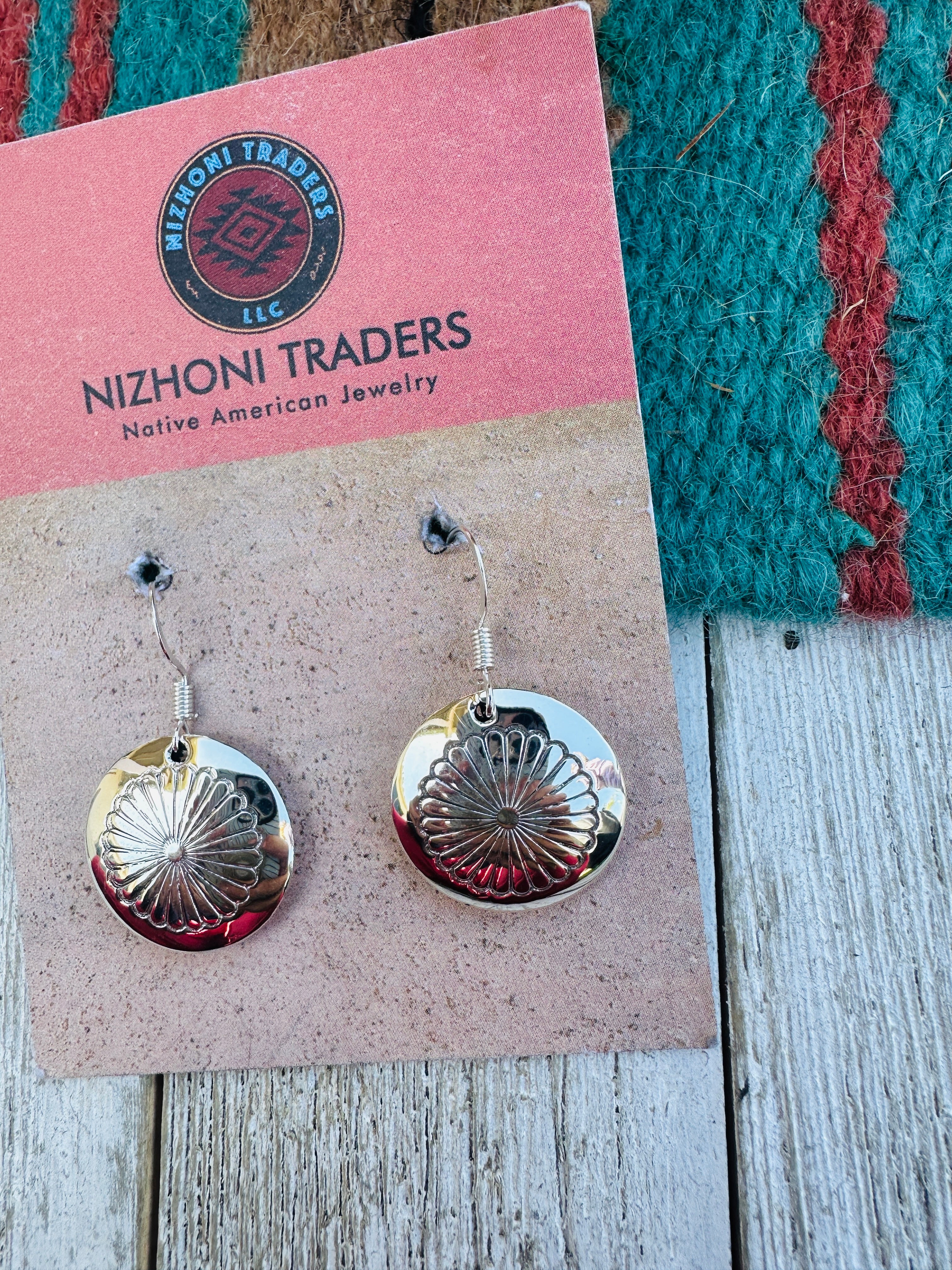 Handcrafted Hand Stamped Sterling Silver Concho Dangle Earrings