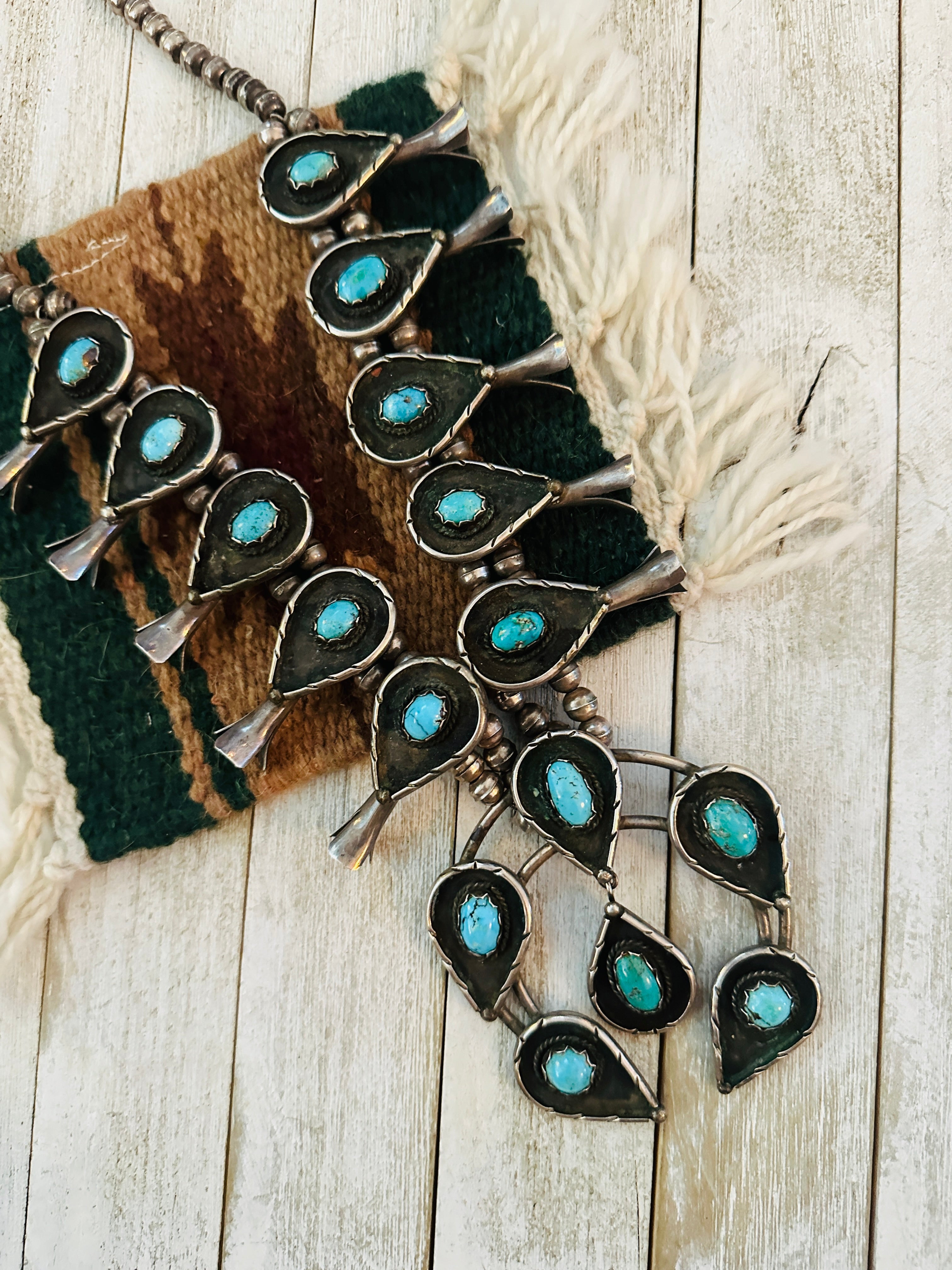 Vintage Old Pawn Turquoise & Sterling Silver Beaded Squash Blossom Necklace