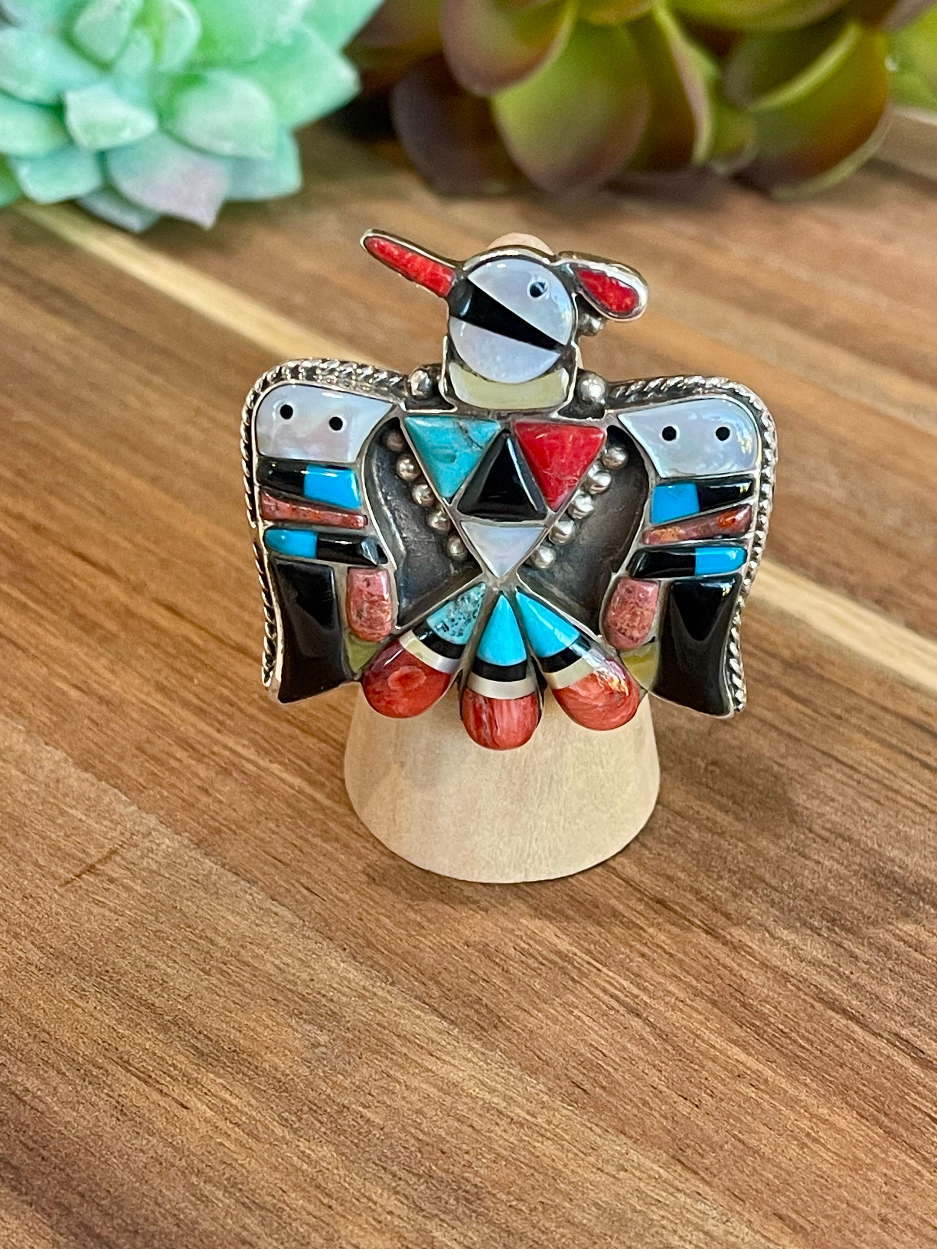 Handmade Multi Stone And Sterling Silver Thunderbird Adjustable Ring