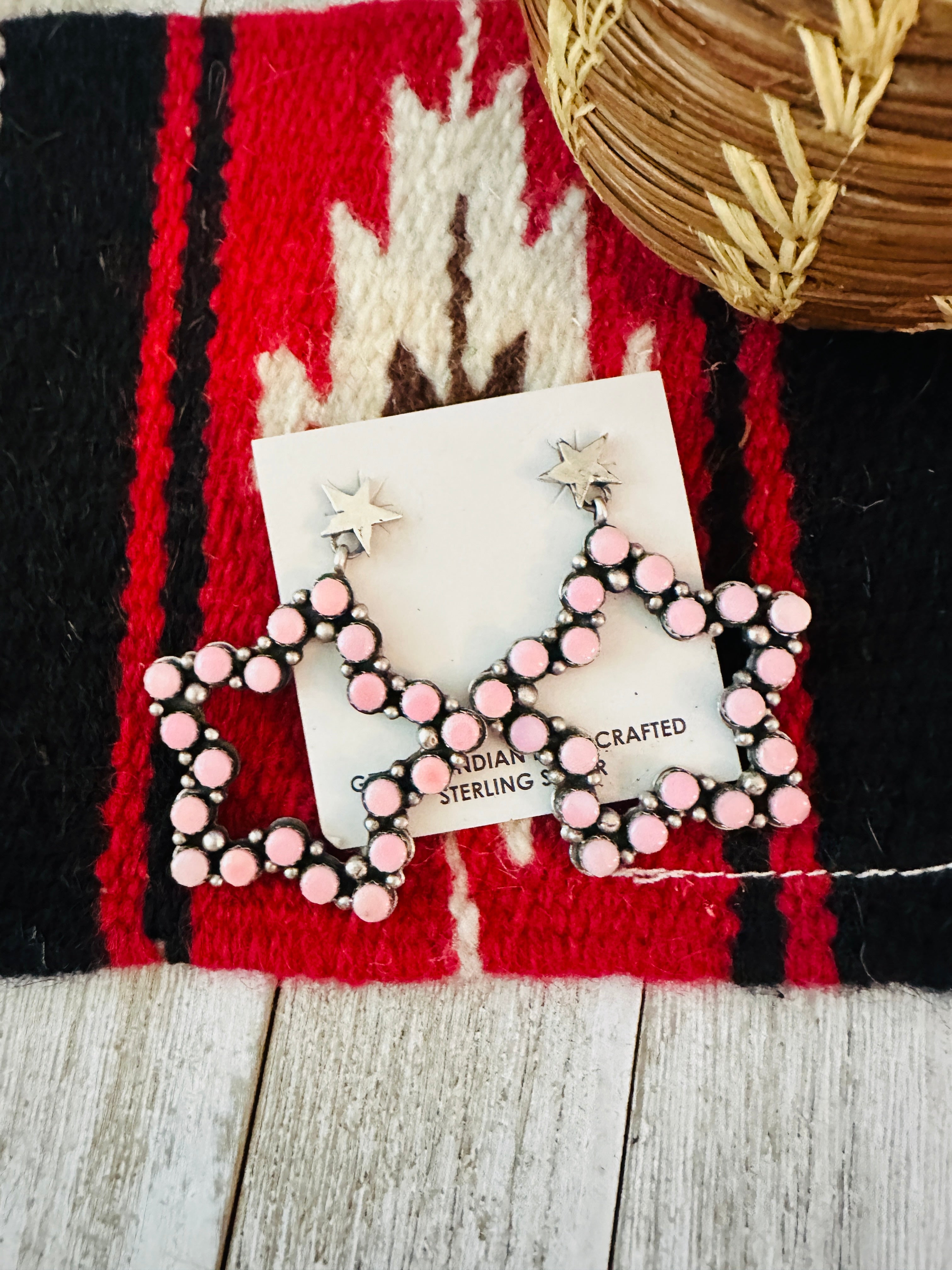 Handcrafted Queen Pink Conch & Sterling Silver Star Dangle Earrings by Charles Johnson