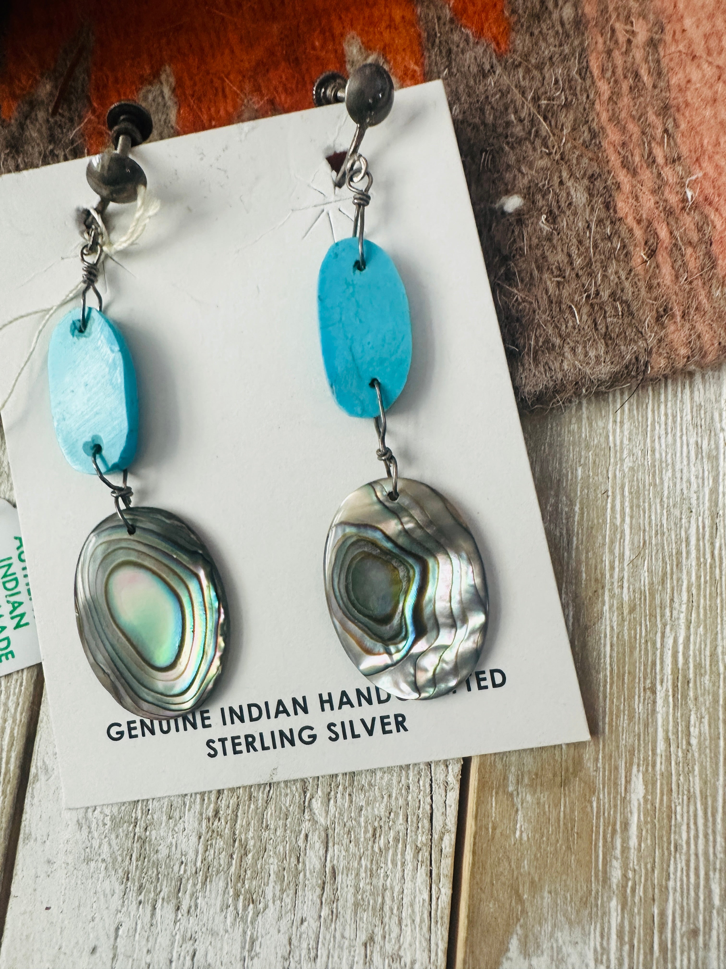 Handcrafted Old Pawn Turquoise & Abalone Dangle Earrings