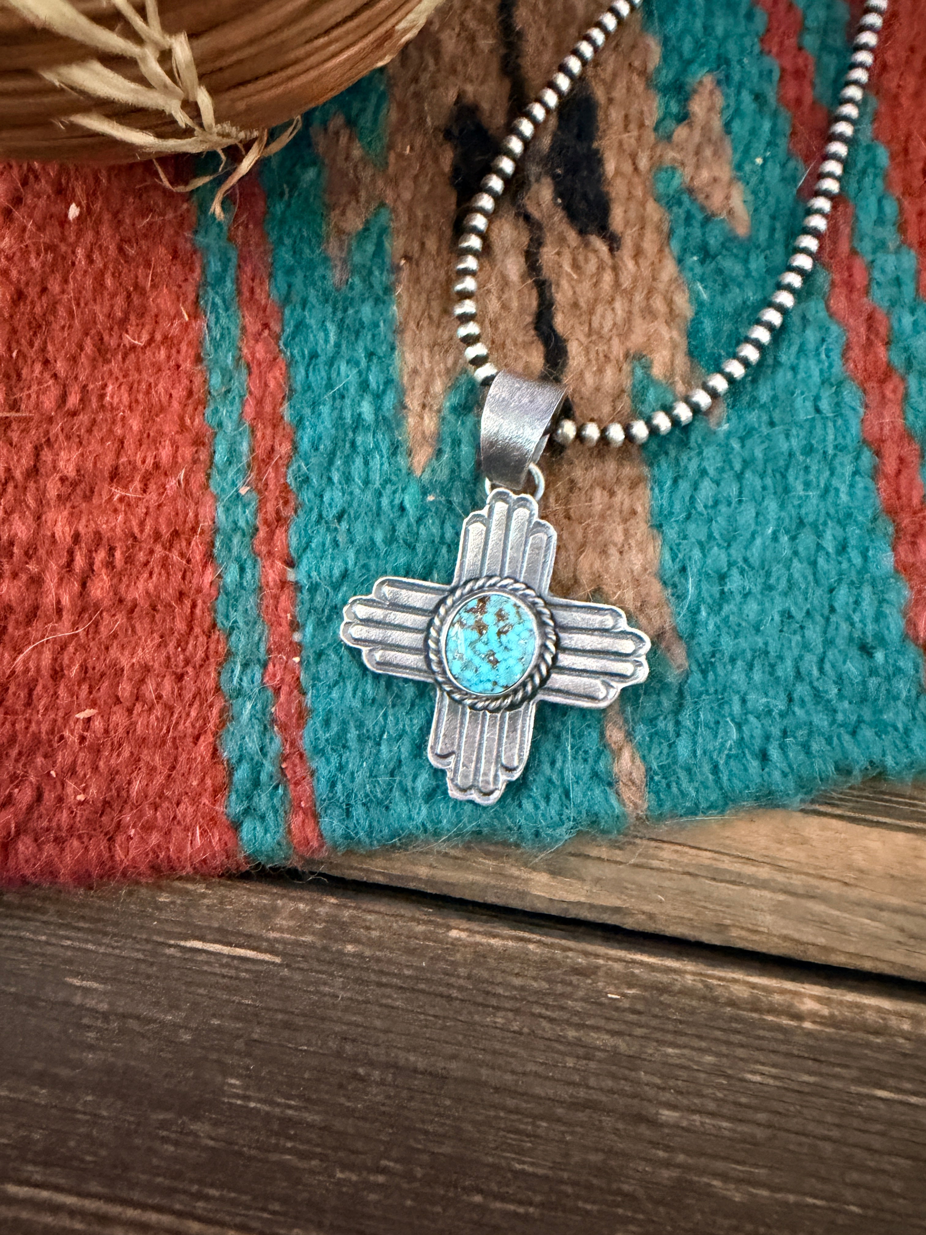 Handcrafted Sterling Silver & Turquoise Zia Cross Pendant by Kevin Billah
