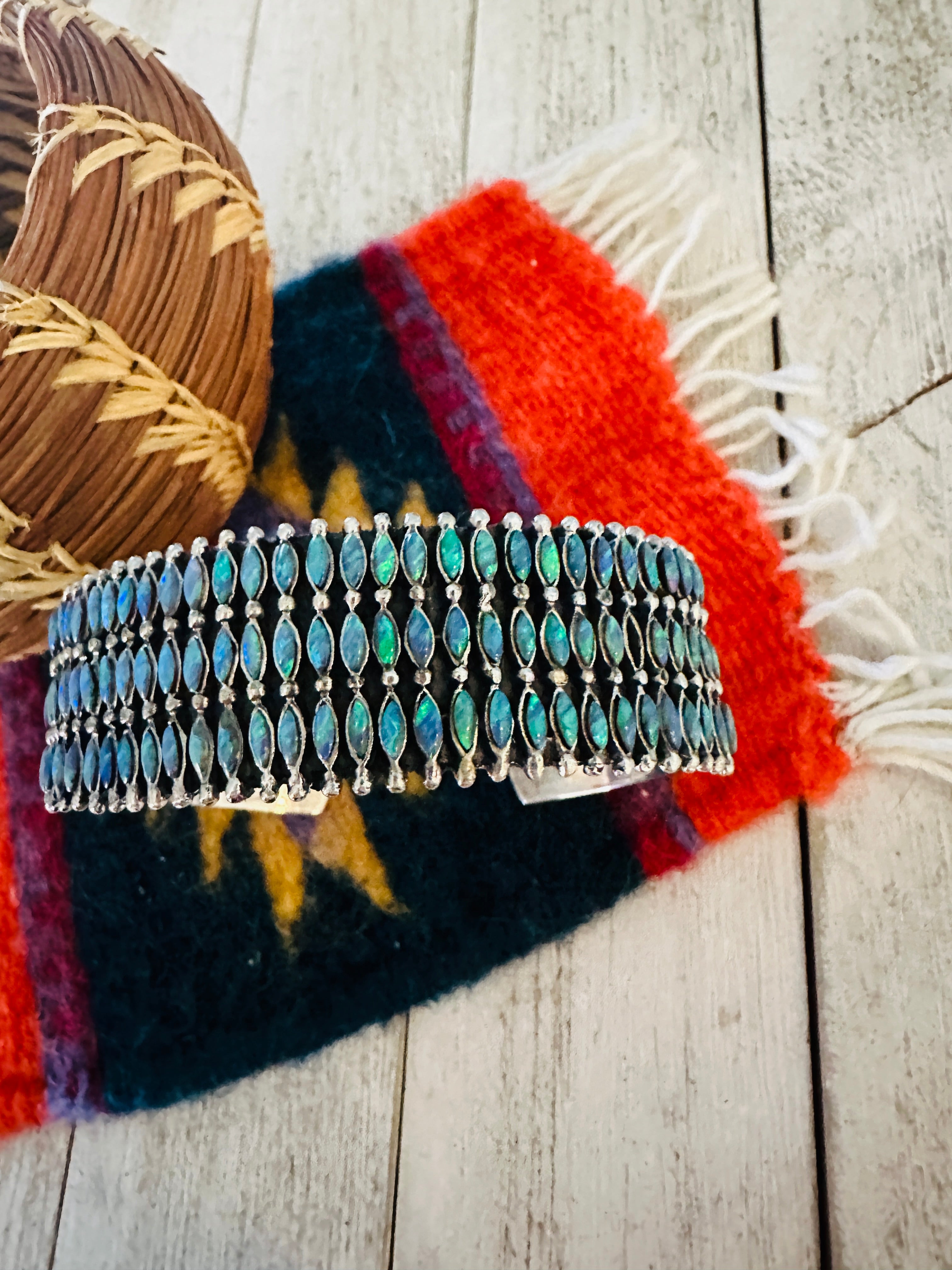 Nizhoni Handmade Sterling Silver & Blue Opal Cuff Bracelet /