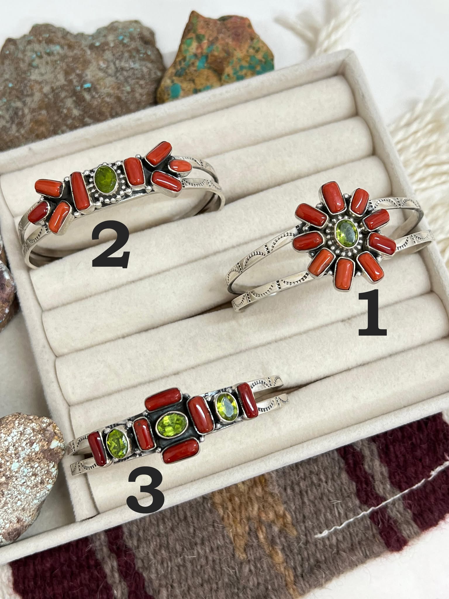 Christmas Collection Handmade Sterling Silver Coral with Peridot Bracelet with Signed Nizhoni