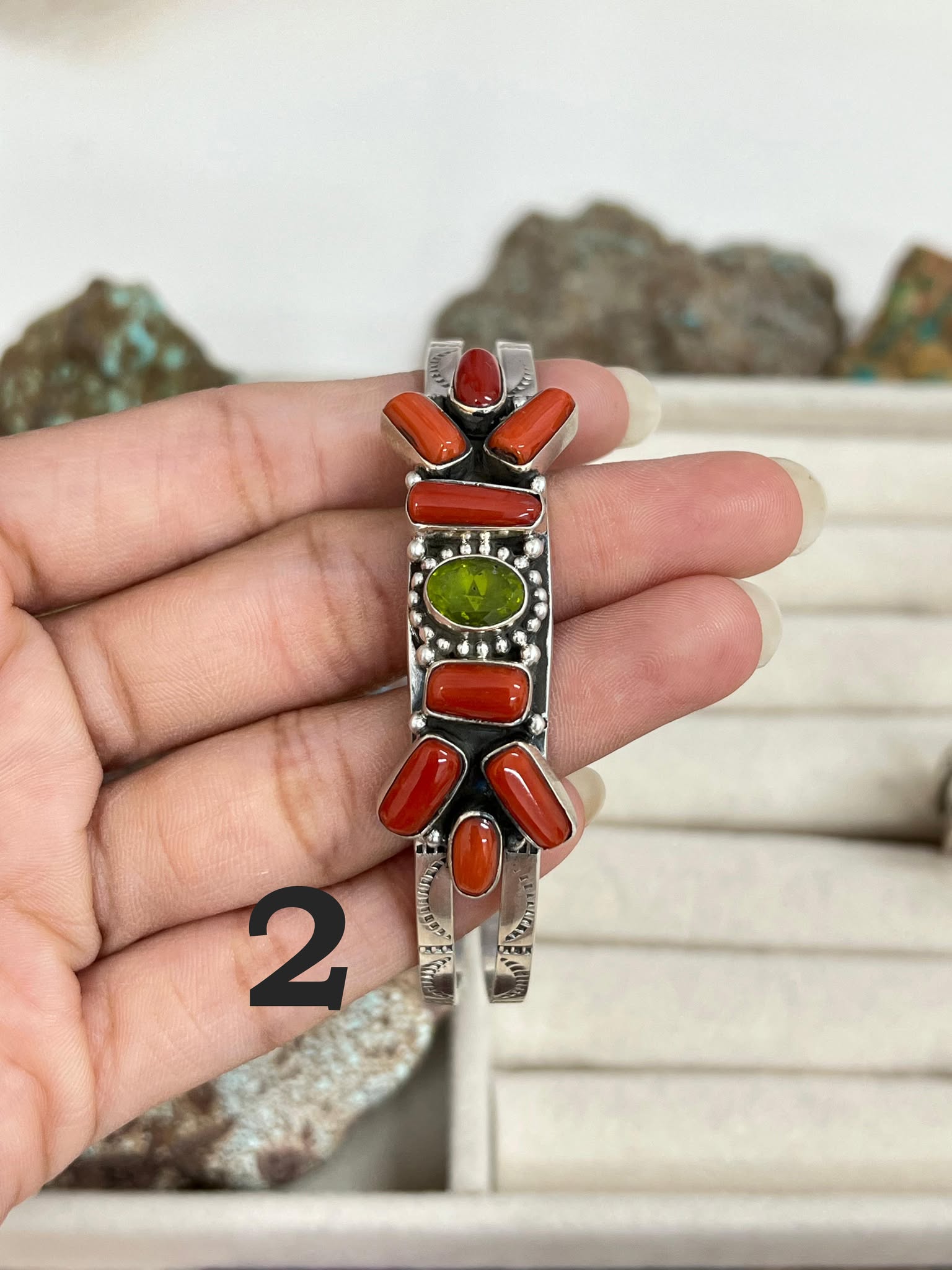 Christmas Collection Handmade Sterling Silver Coral with Peridot Bracelet with Signed Nizhoni