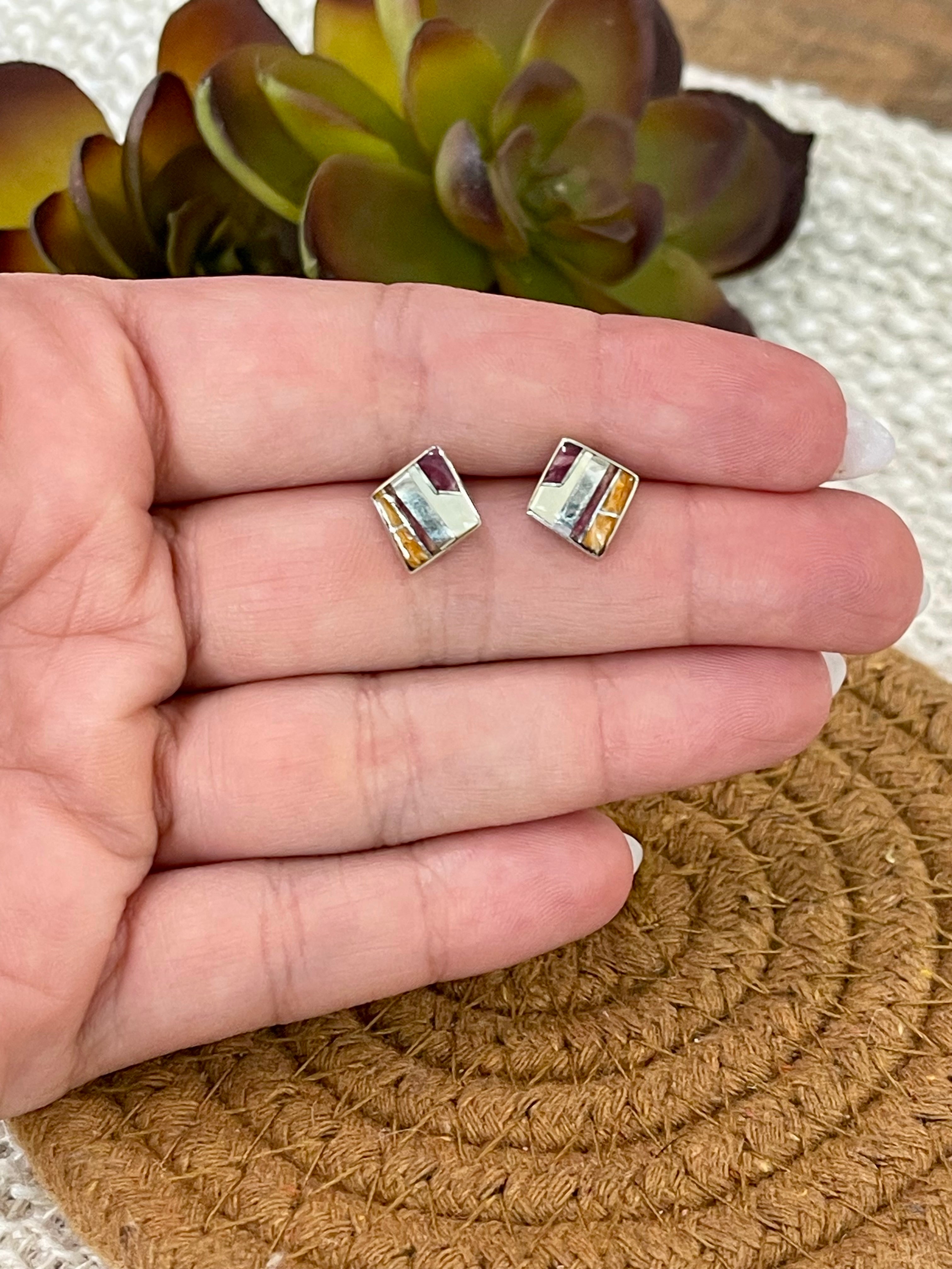 Beautiful Handmade Sterling Silver & Multi Stone Inlay Stud Earrings