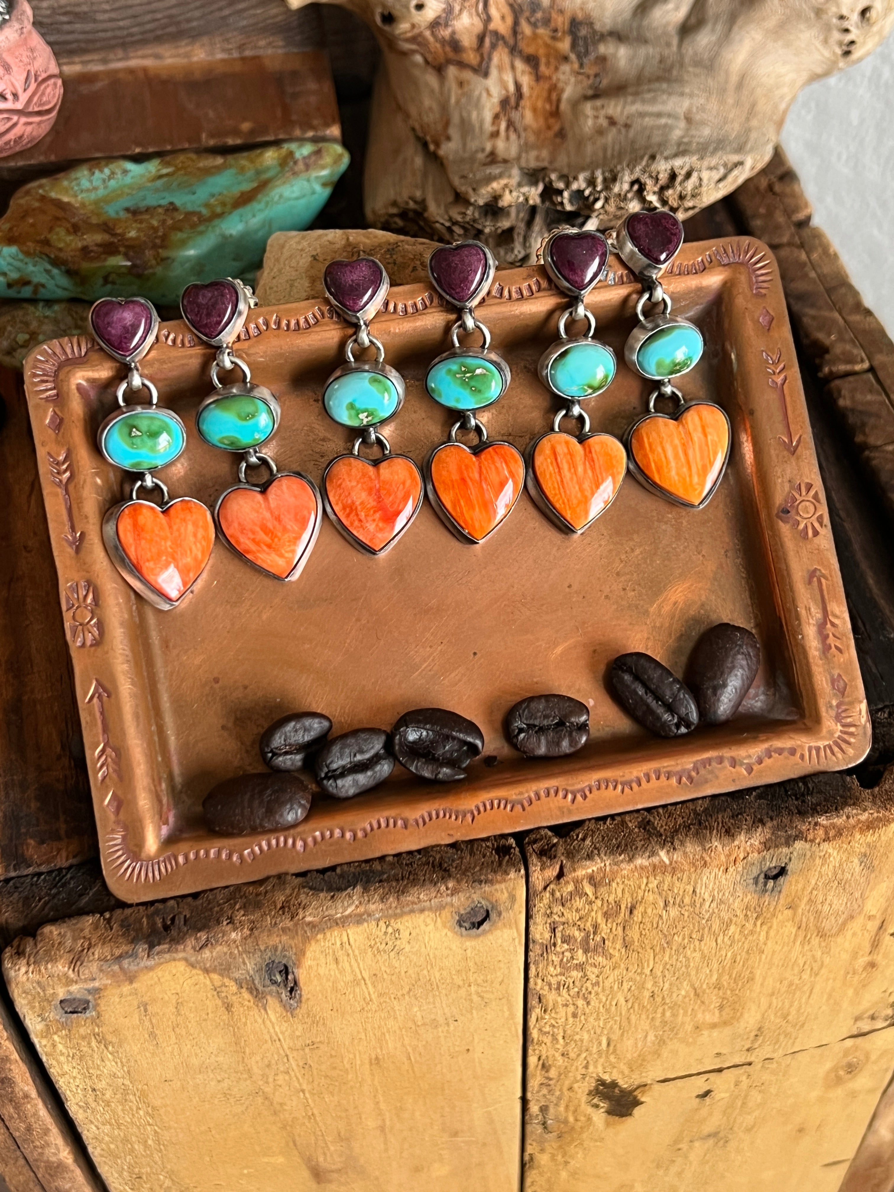 Vibrant Handcrafted Electric Rainbow Sterling Silver, Sonoran Turquoise and Spiny Oyster Shell Heart Post Earrings by Lucy Jake
