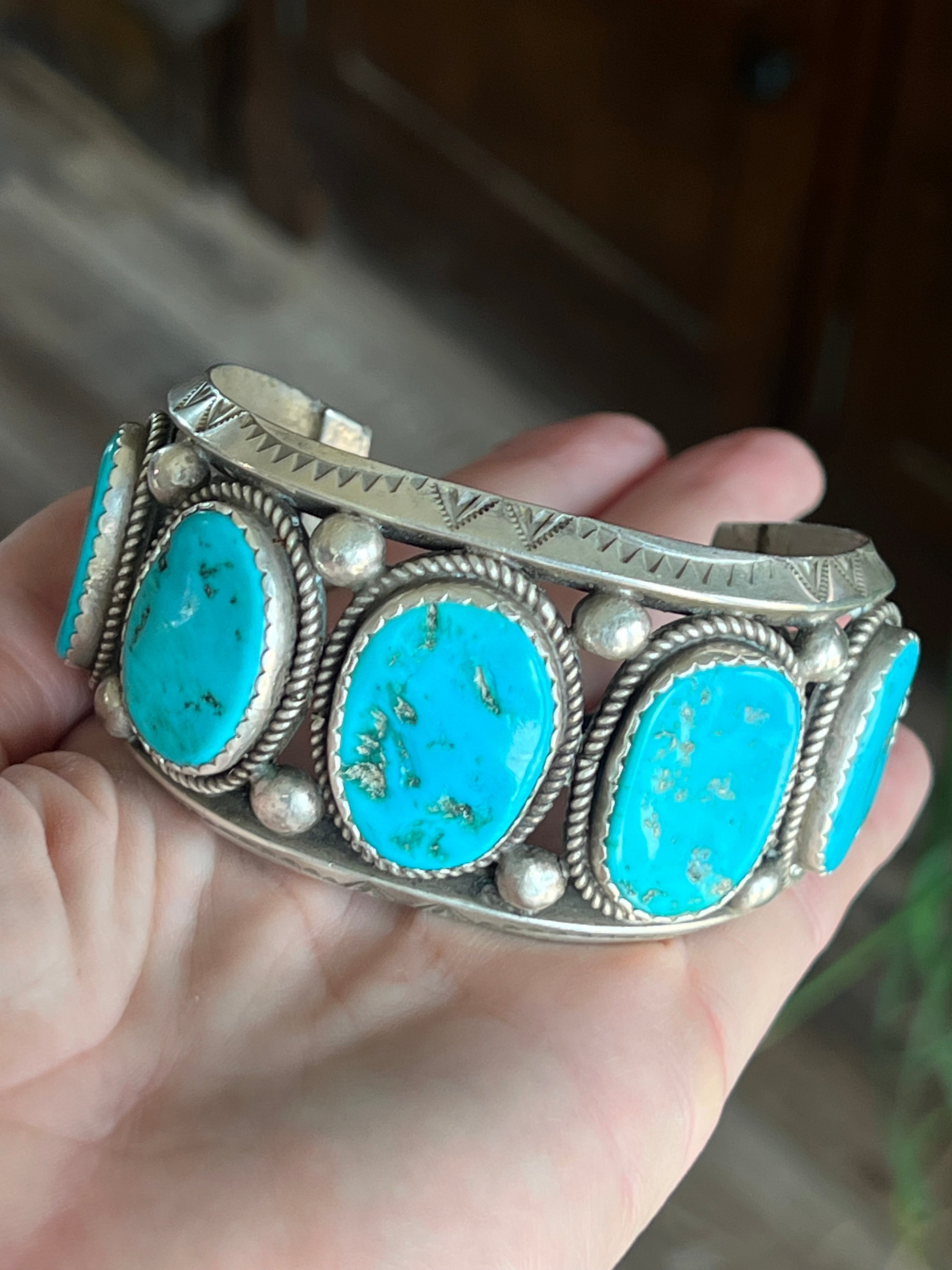 Handcrafted Old Pawn Sterling Silver and Natural Sleeping Beauty Turquoise Cuff Bracelet, Signed /