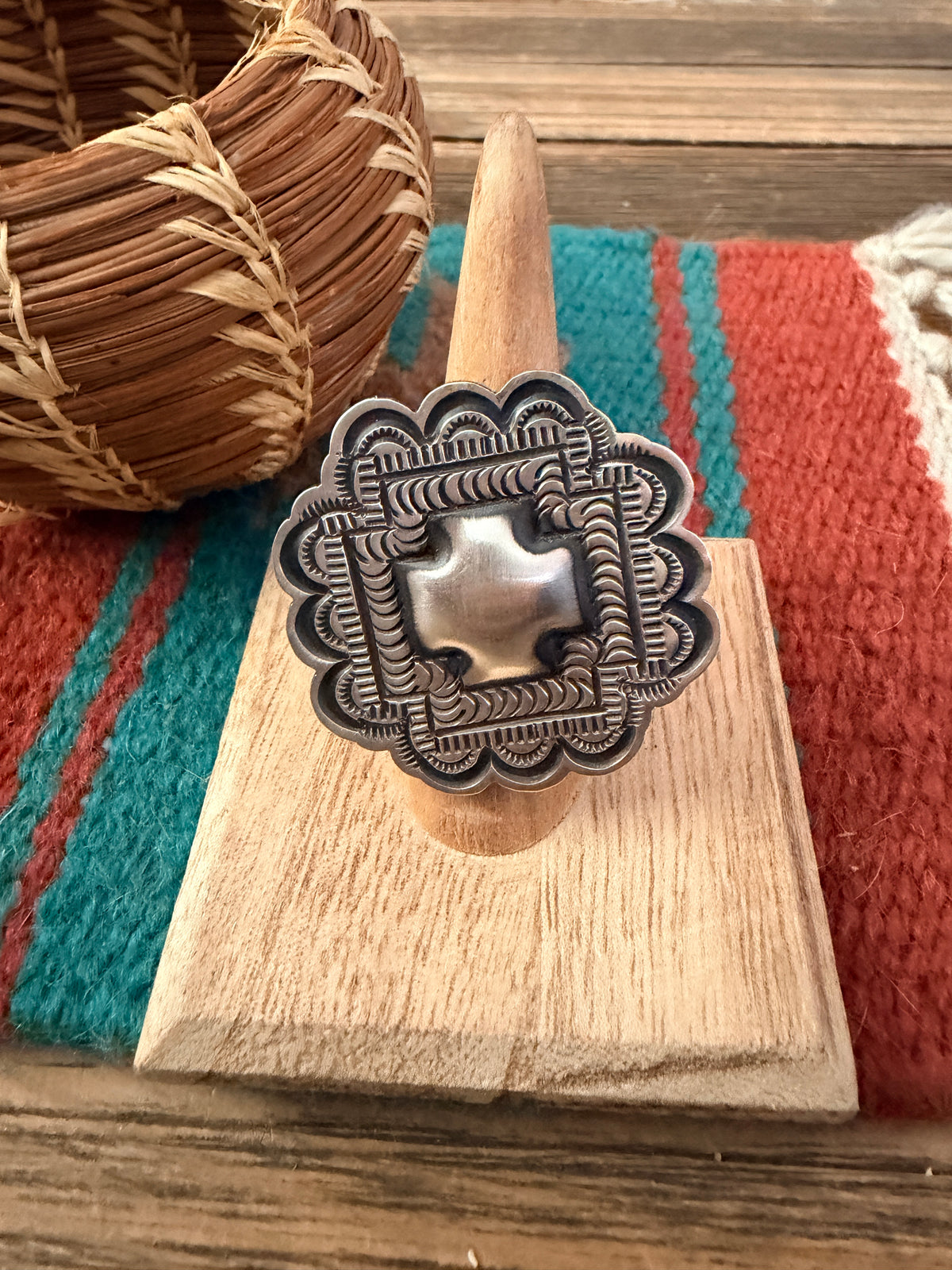 Handcrafted Sterling Silver Adjustable Concho Ring by Leander Tahe