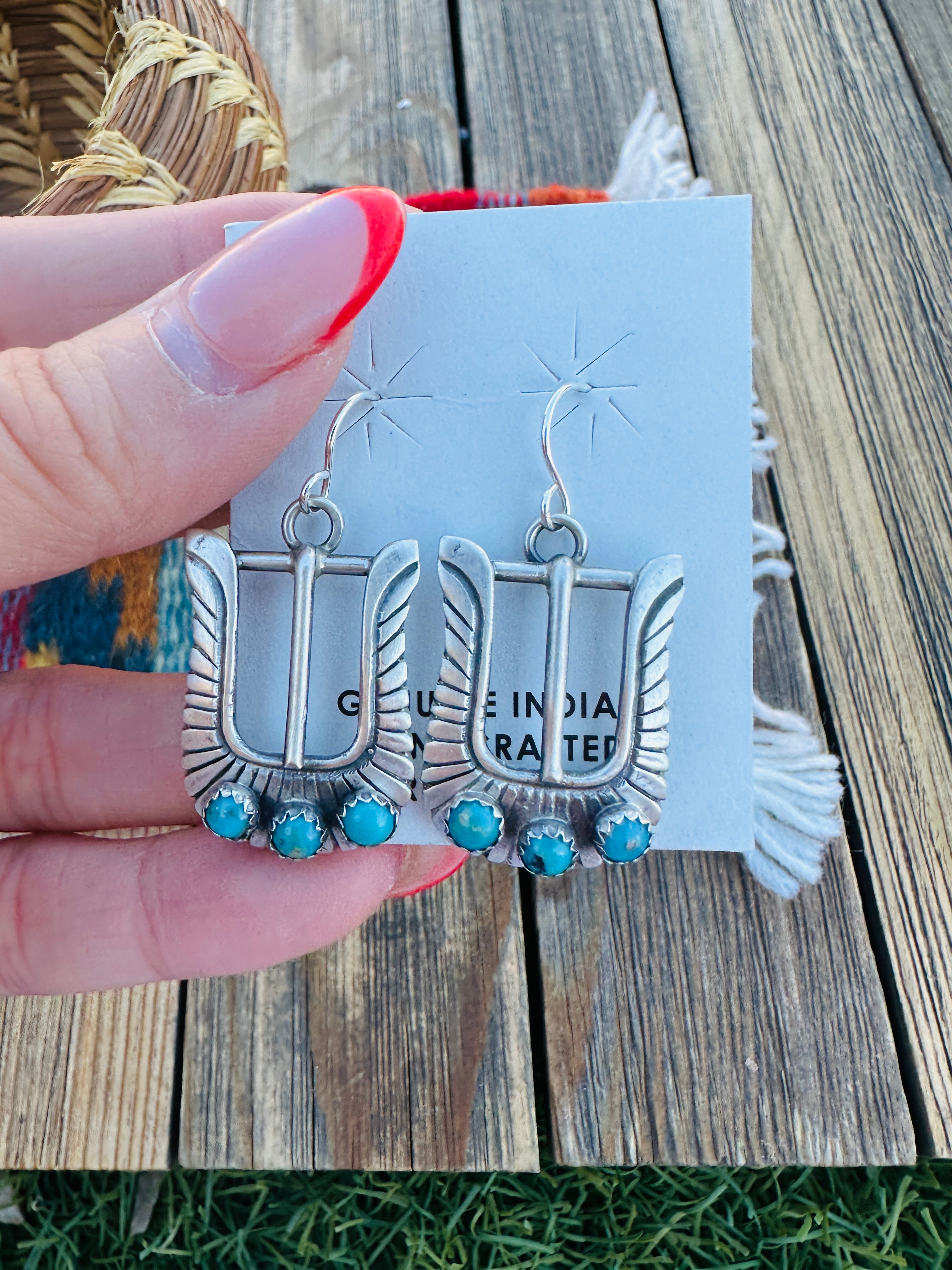 Handcrafted Turquoise & Sterling Silver Belt Buckle Dangle Earrings by Leroy James