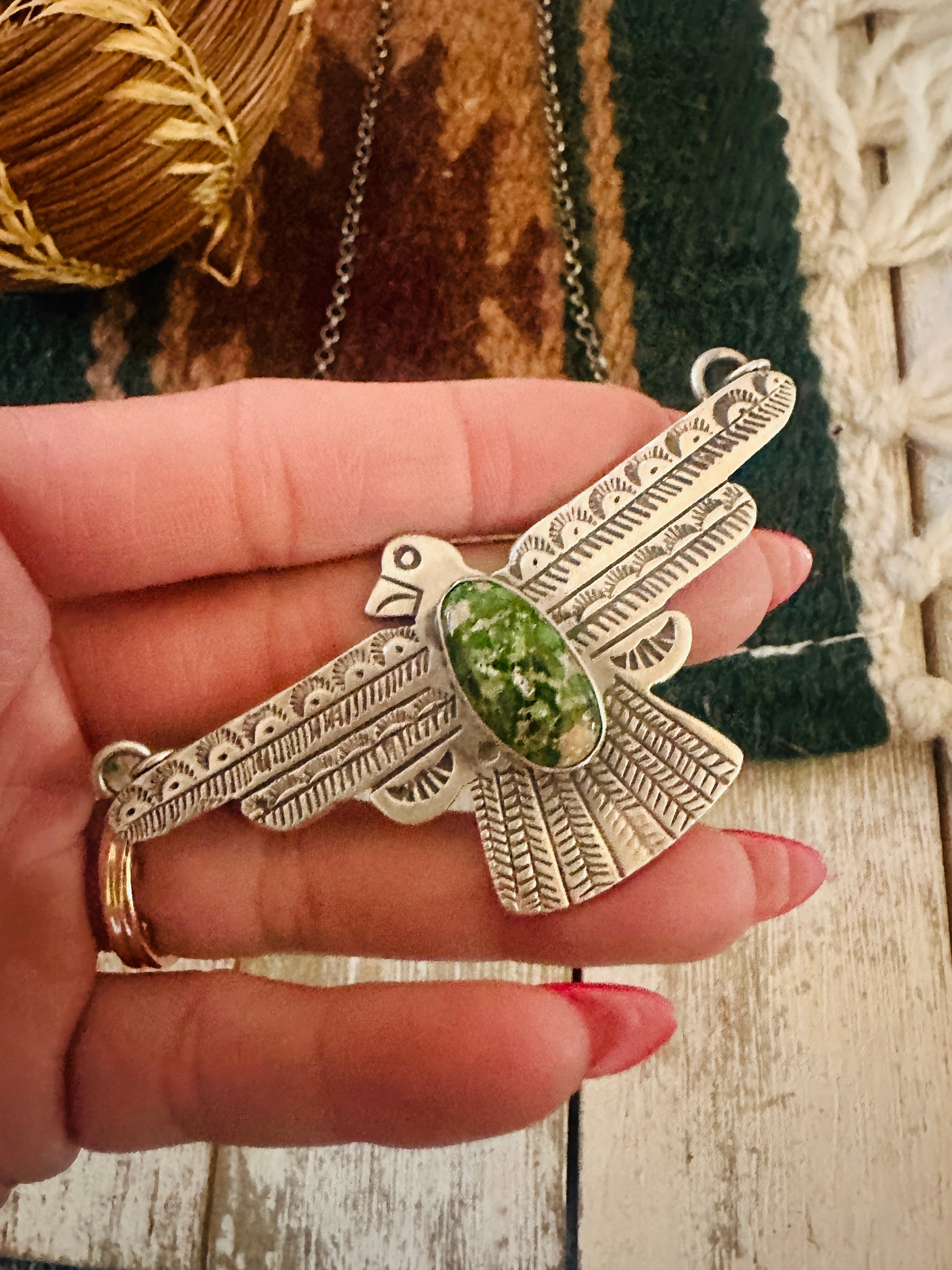 Handcrafted Turquoise & Sterling Silver Thunderbird Necklace by Russell Sam