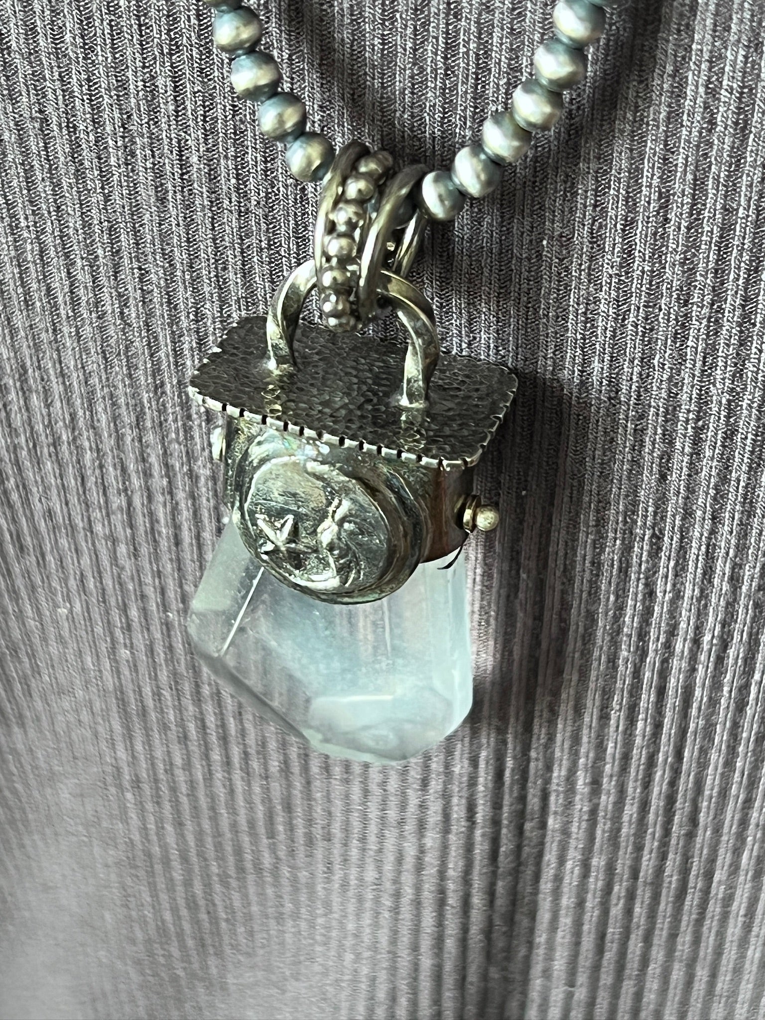 Sterling Silver Gem Collector 30” + 2” Beaded Necklace w/ Tularosa Quartz & Moon Pendant 2