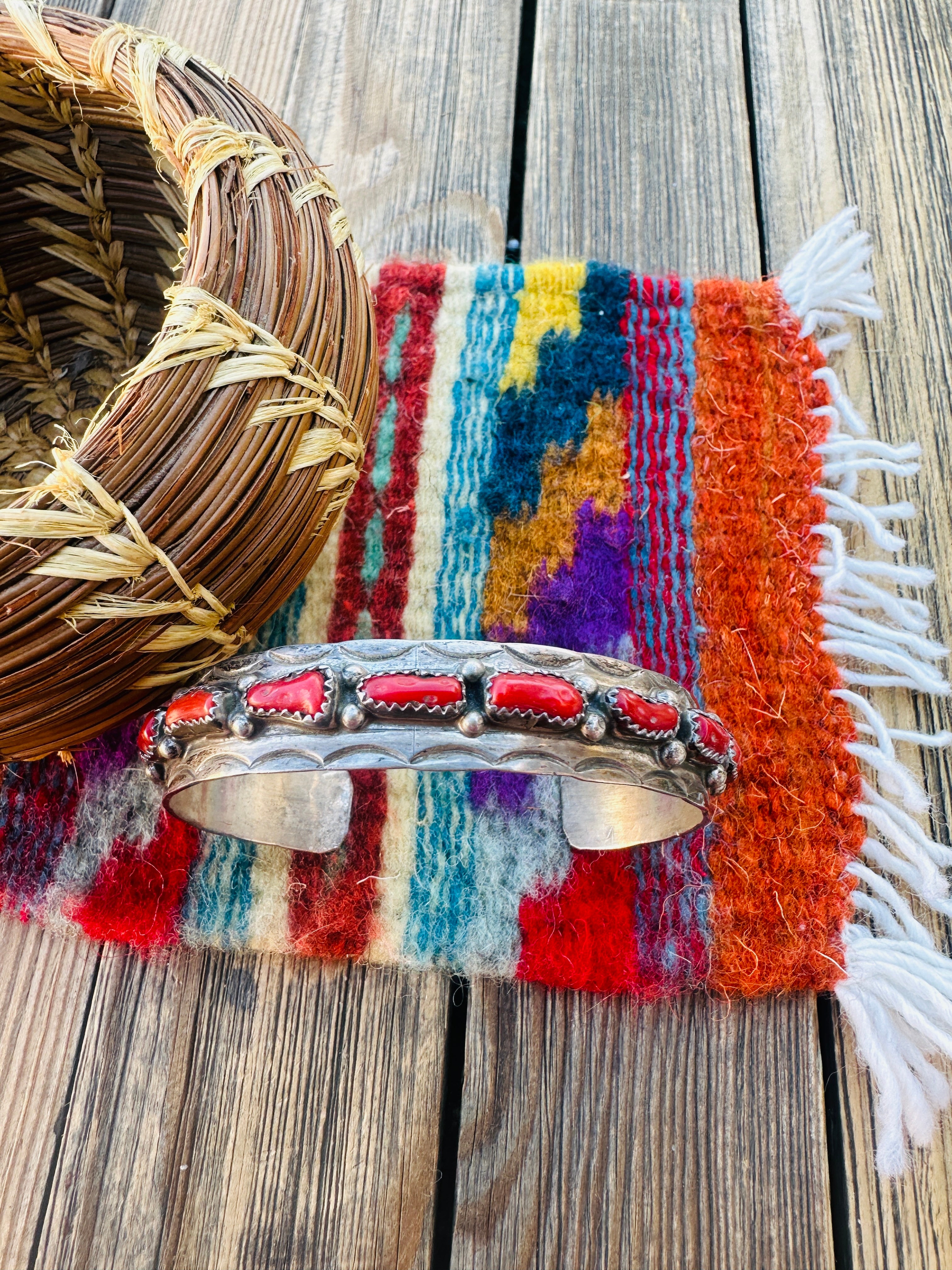 Handcrafted Old Pawn Sterling Silver & Coral Cuff Bracelet