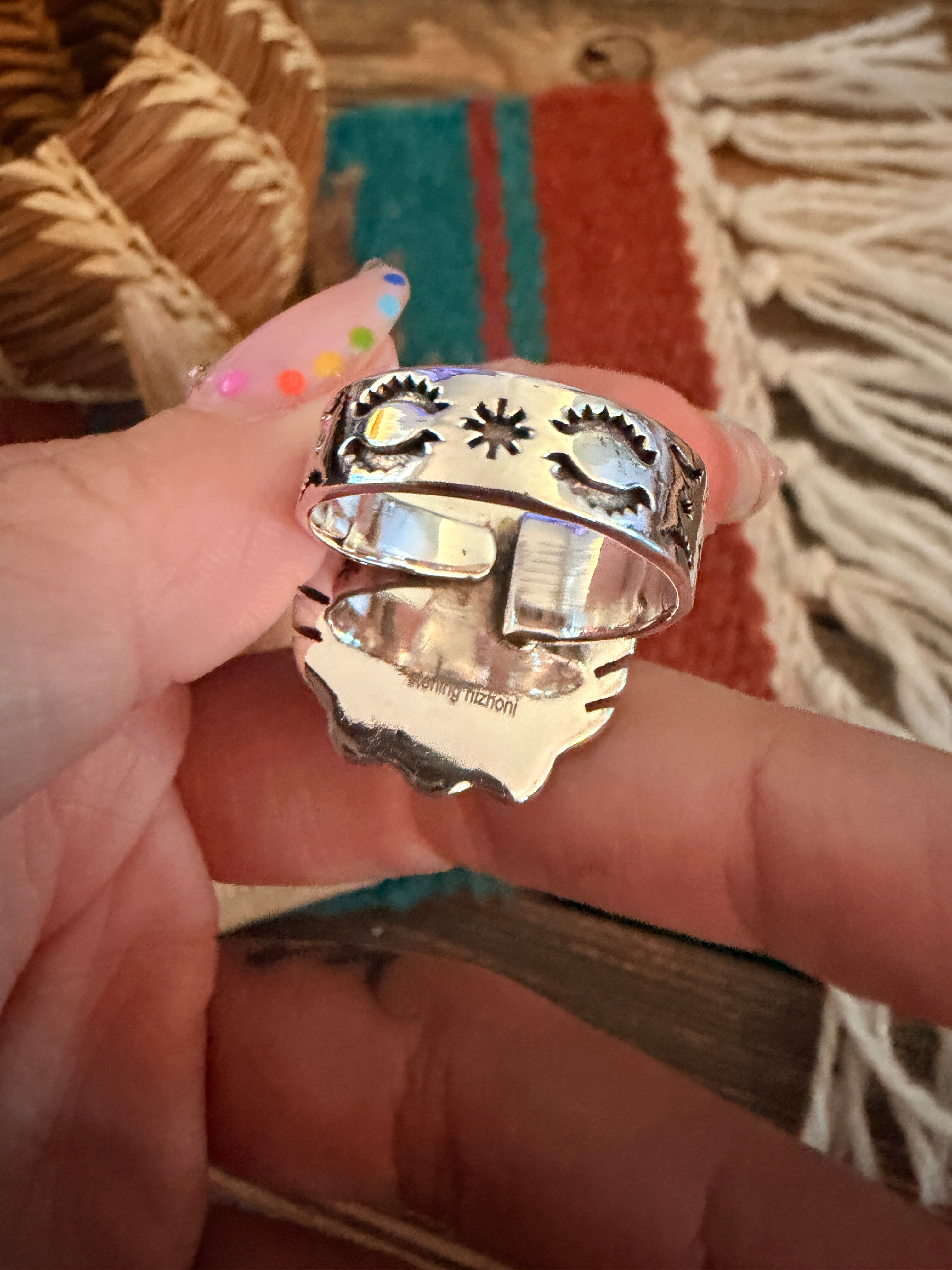 Handmade Sterling Silver Number 8 Turquoise Adjustable Ring Signed Nizhoni