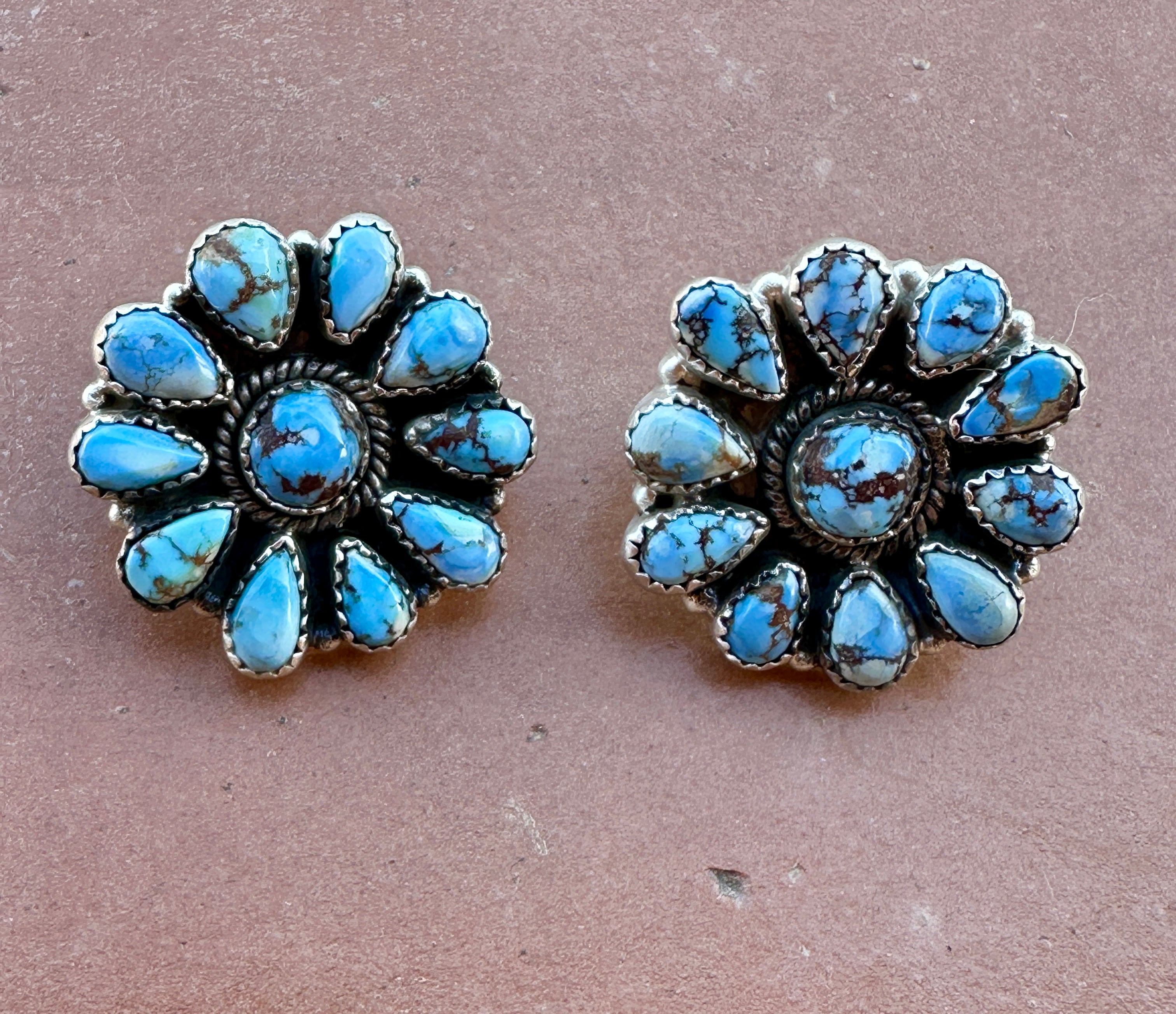 Handmade Golden Hills Turquoise & Sterling Silver Cluster Post Earrings 10 Stone