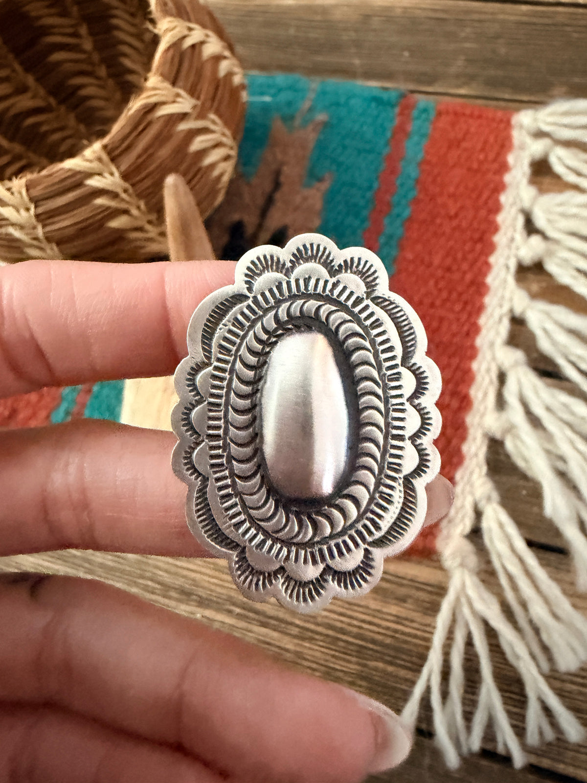 Handcrafted Sterling Silver Adjustable Concho Ring by Leander Tahe