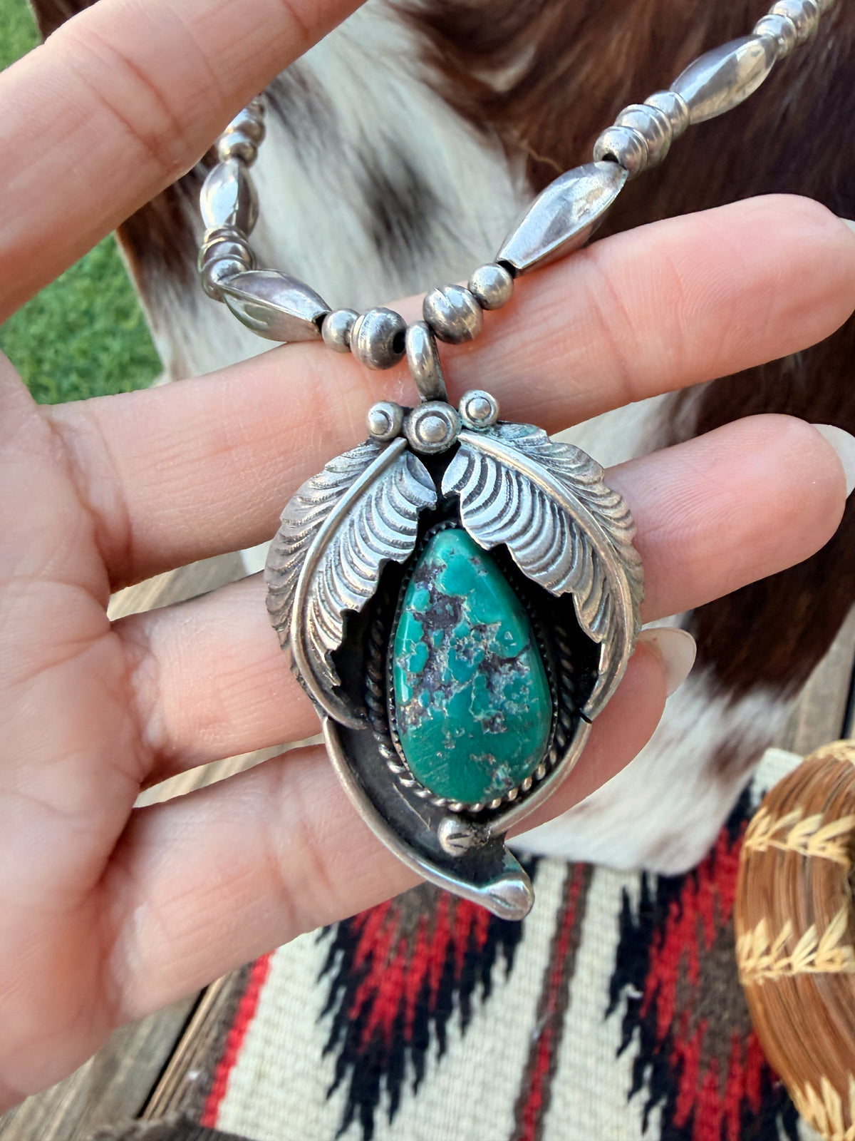 Old Pawn Handcrafted Turquoise & Sterling Silver Beaded Necklace