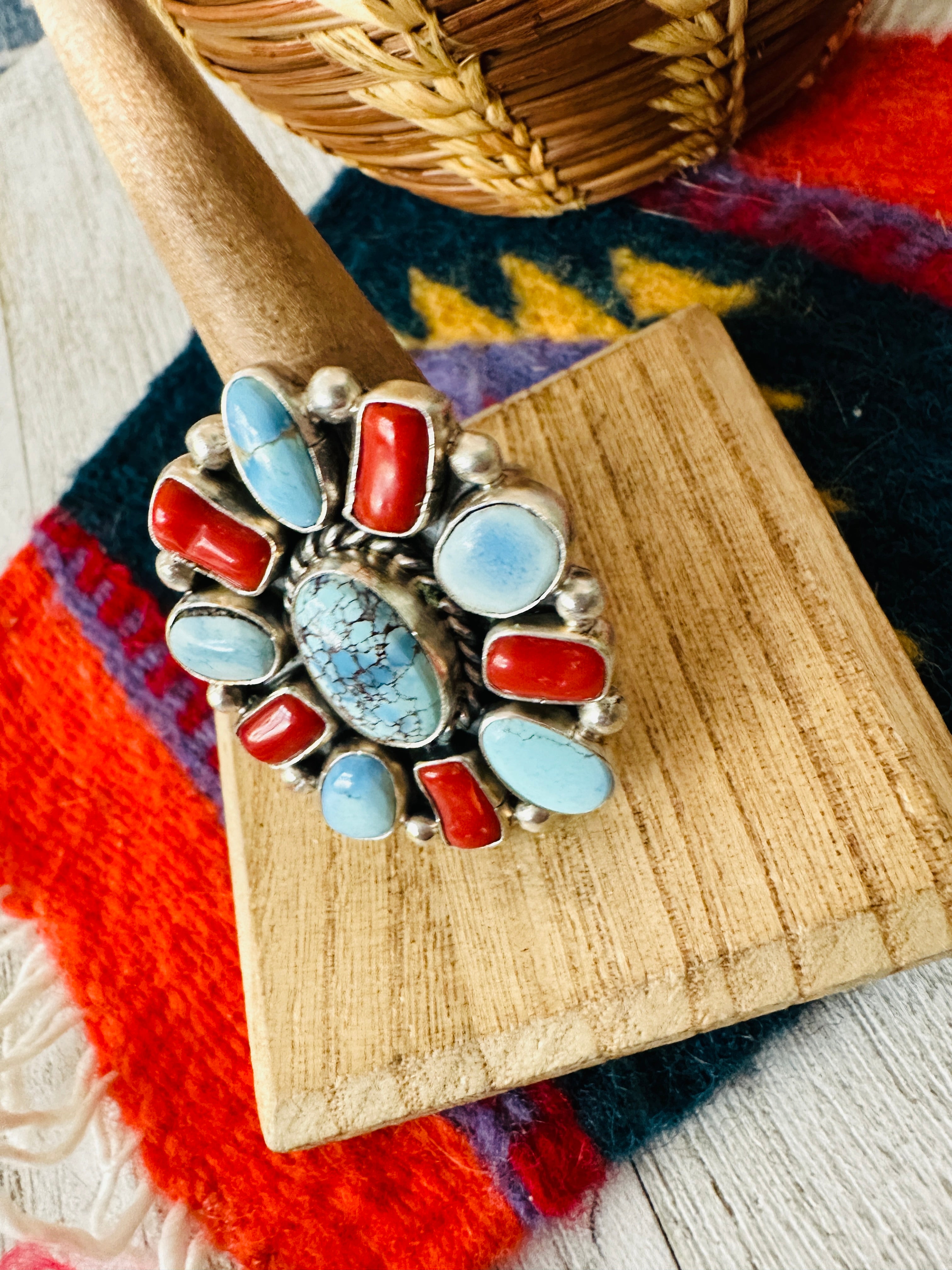 Handcrafted Golden Hills Turquoise, Coral & Sterling Silver Cluster Adjustable Ring