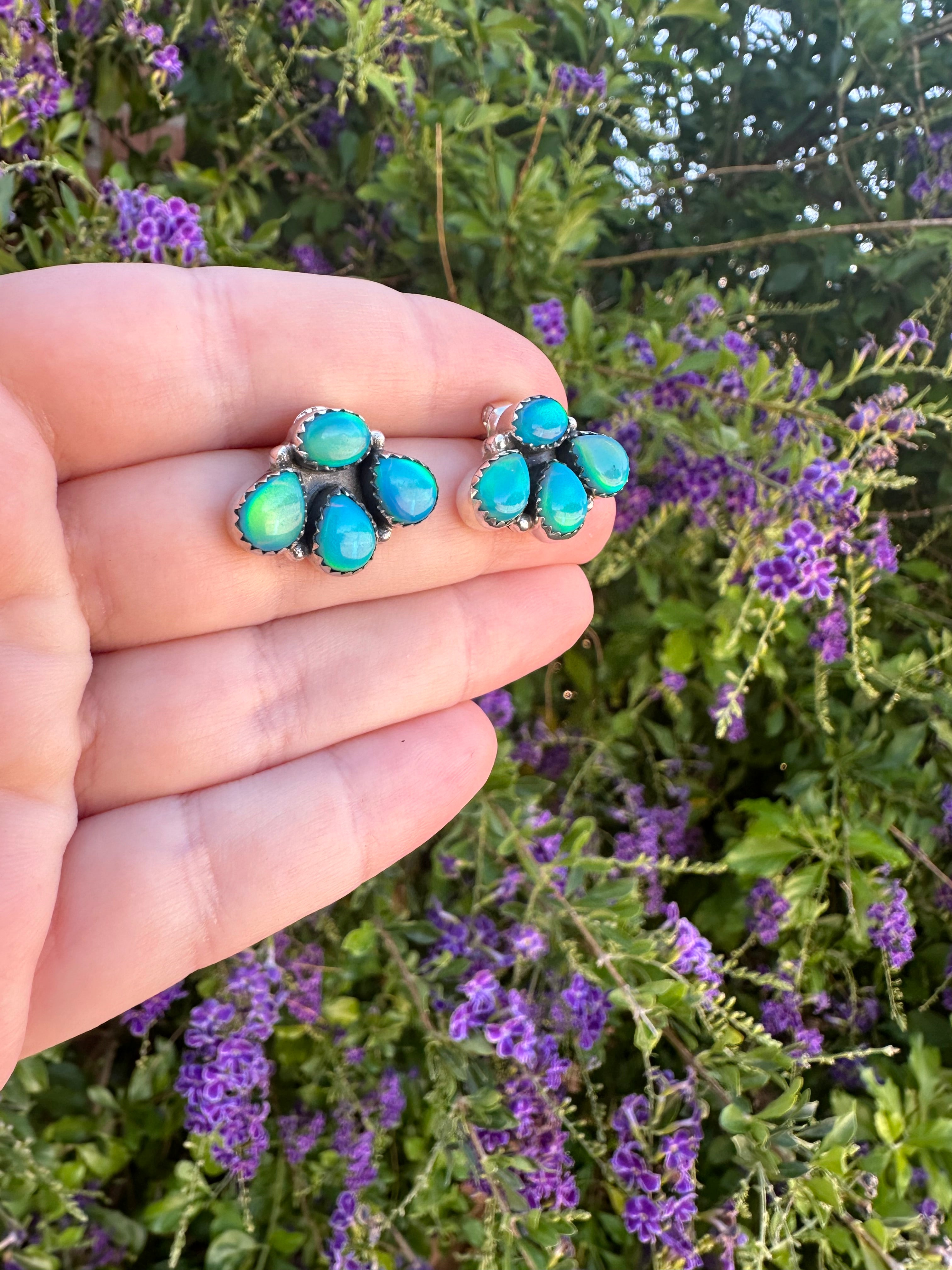 Nizhoni “The Backroads” MINIS Blue “Opal” & Sterling Silver 4 Stone Earrings Handmade