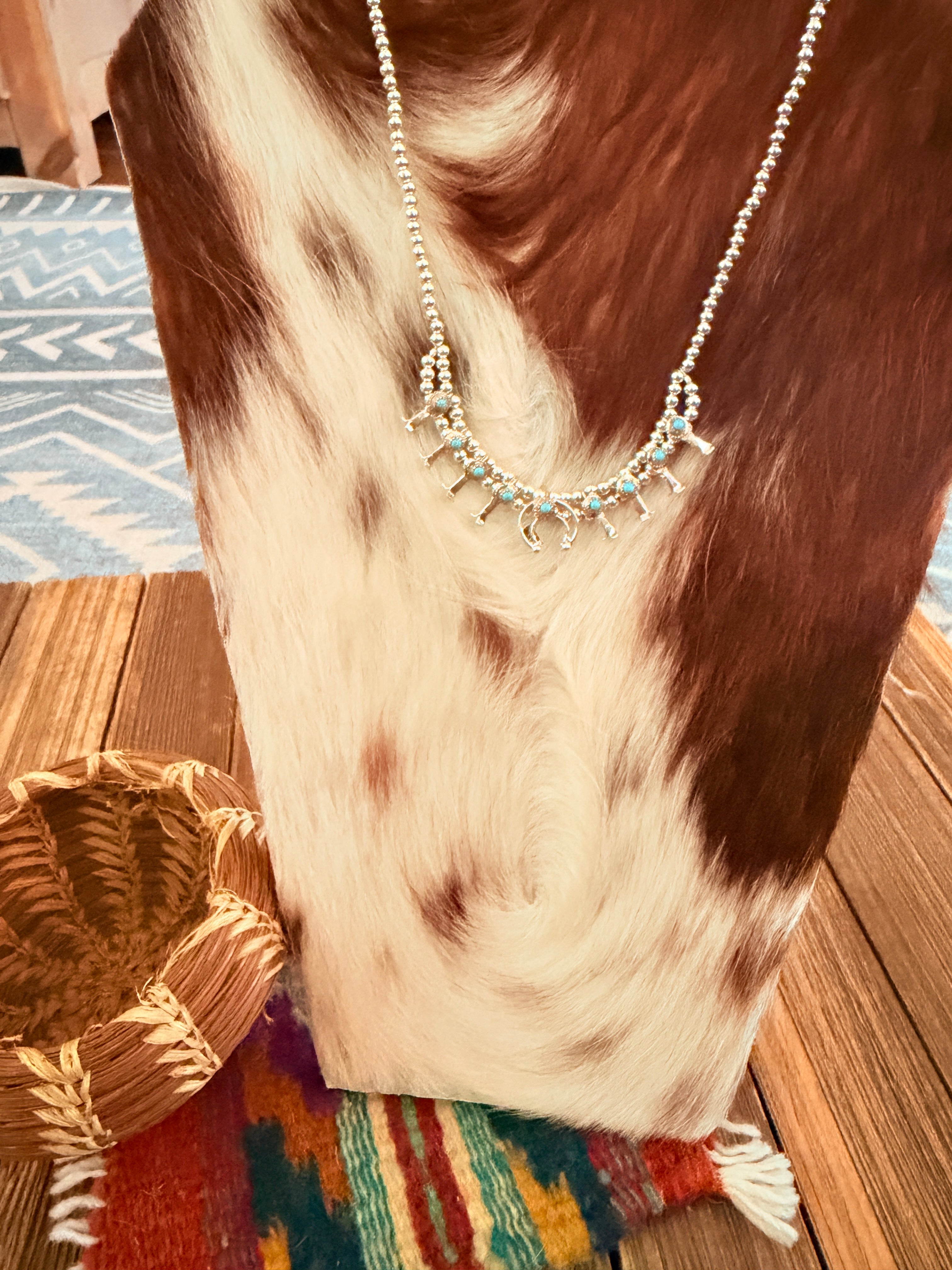 Handcrafted Turquoise & Sterling Silver Beaded Mini Squash Blossom Necklace