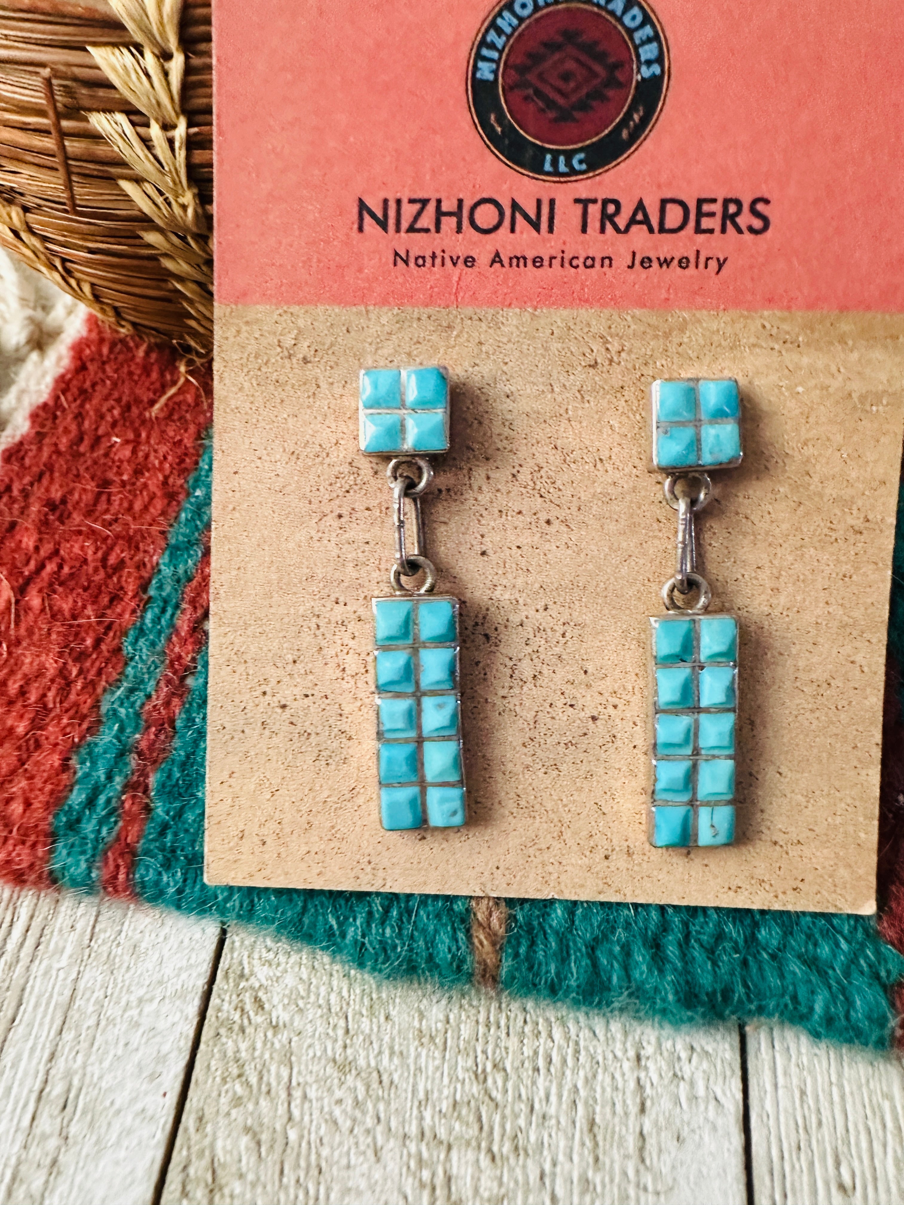 Old Pawn Handcrafted Turquoise & Sterling Silver Inlay Dangle Earrings