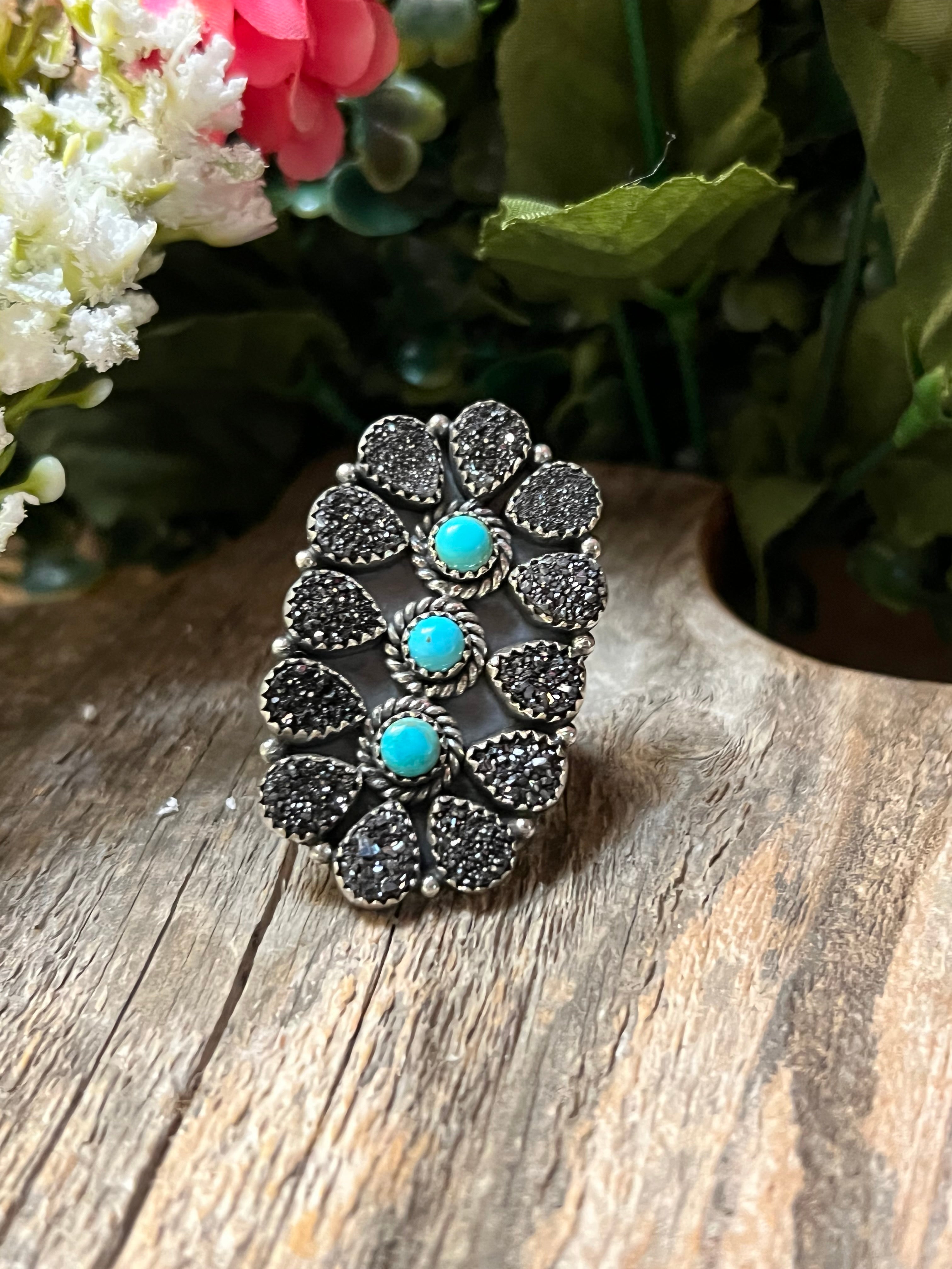 Handmade Turquoise & Black Druzy Cluster Sterling Silver Adjustable Statement Ring