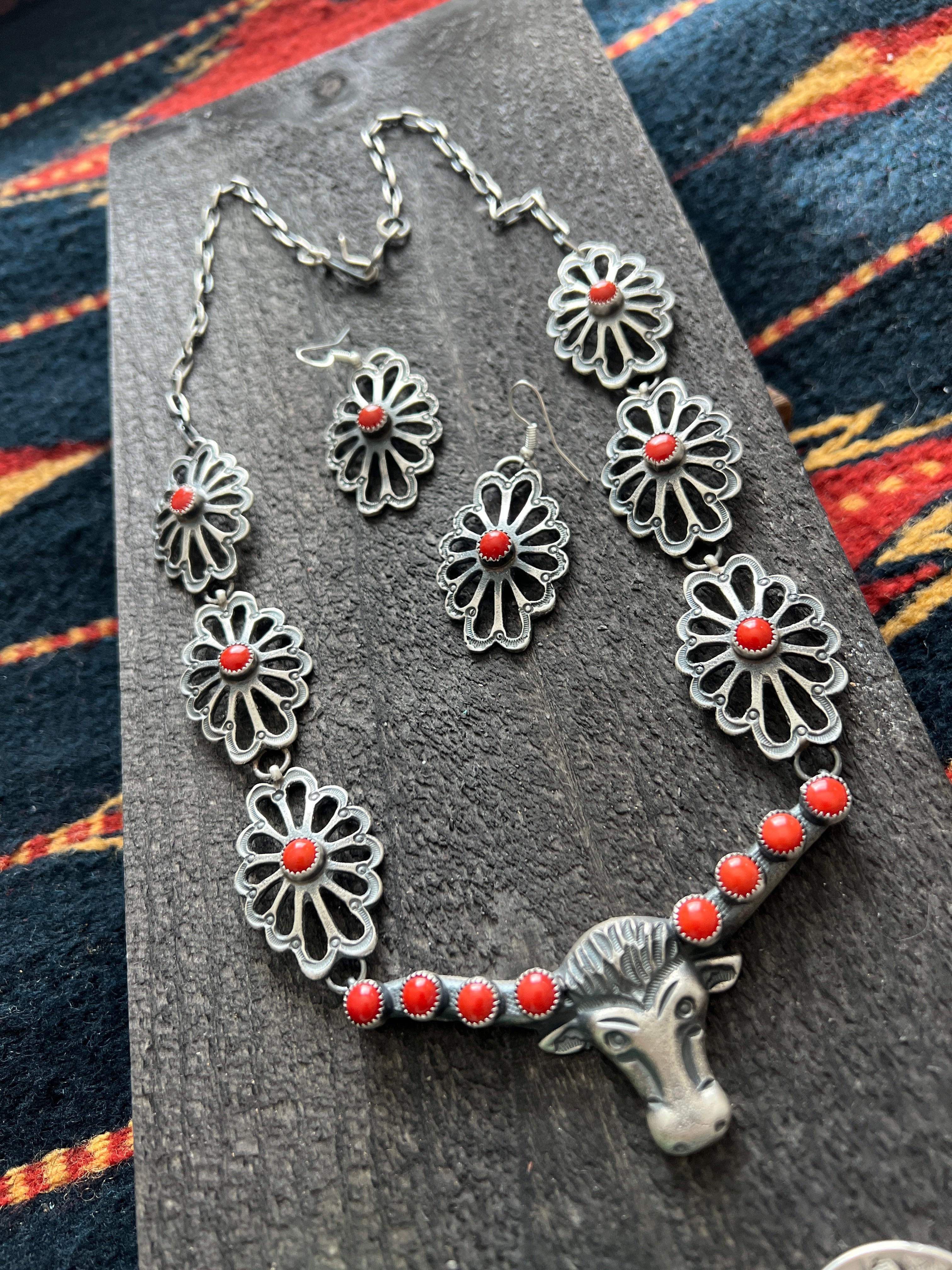Handcrafted Sterling Silver and Mediterranean Coral Steer Head Concho Necklace & Earrings by Kevin Billah