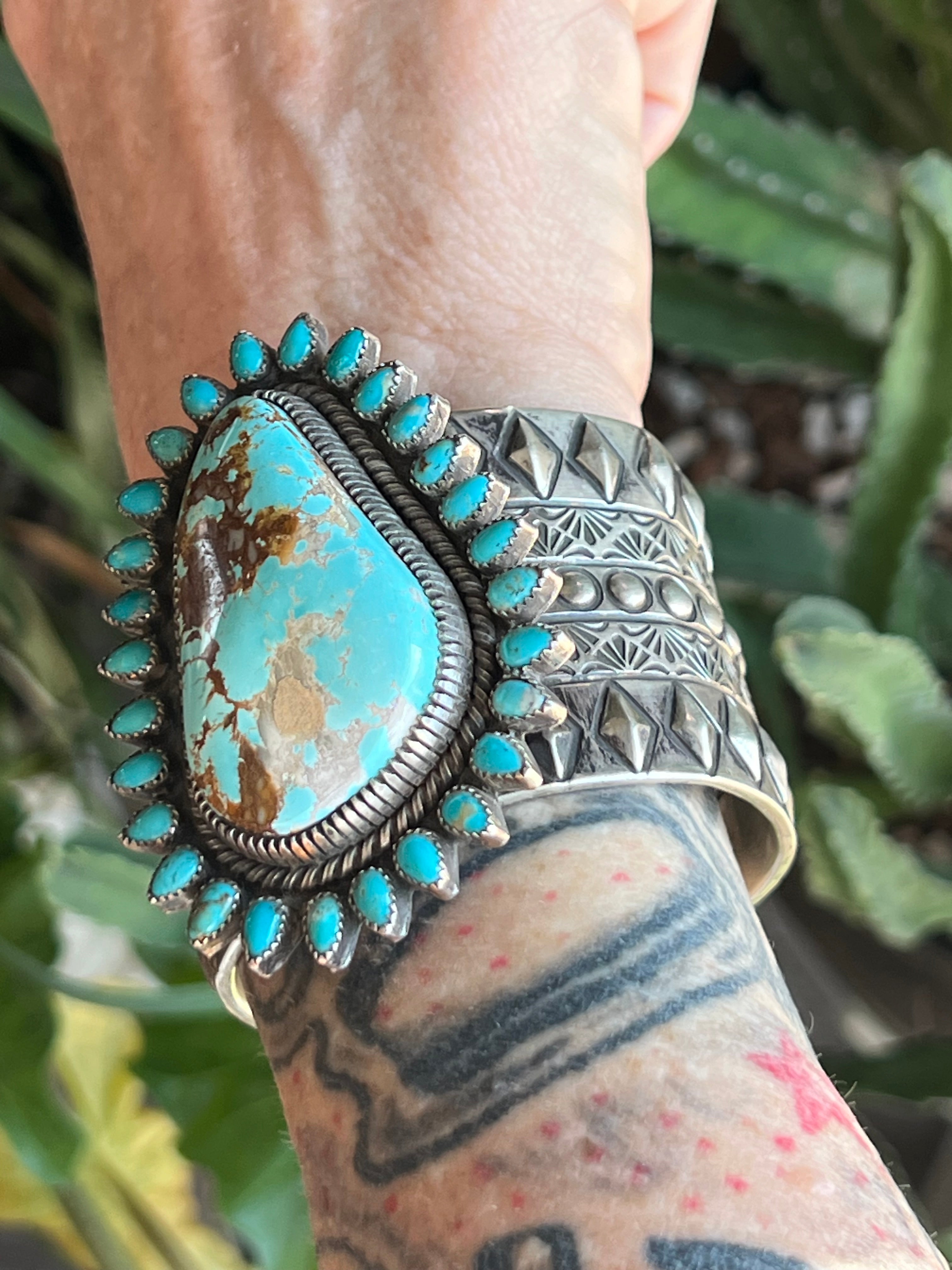 Sterling Silver & Royston Turquoise Cluster Cuff Bracelet by Glenn Livingston