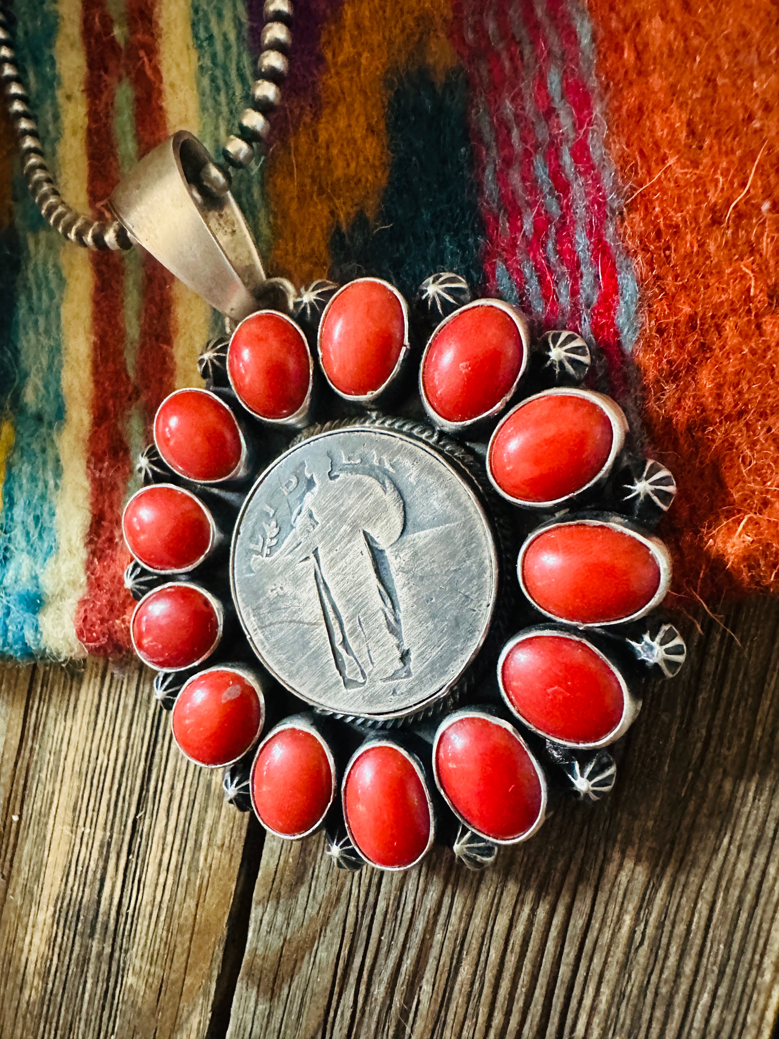 Handcrafted Sterling Silver and Coral Liberty Coin Pendant by Darrin Livingston