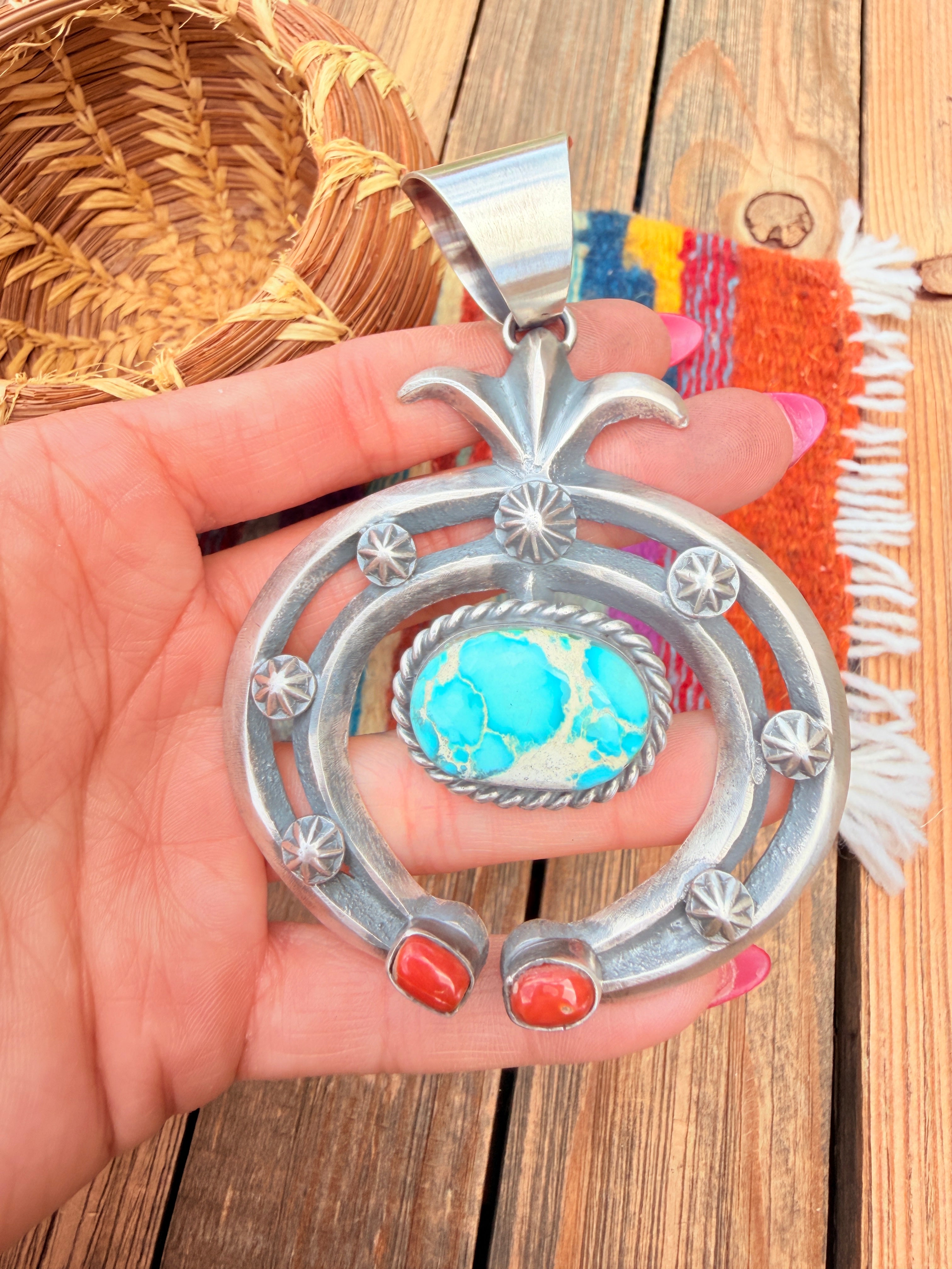 Handcrafted Sterling Silver, Turquoise & Coral Naja Pendant by Chimney Butte