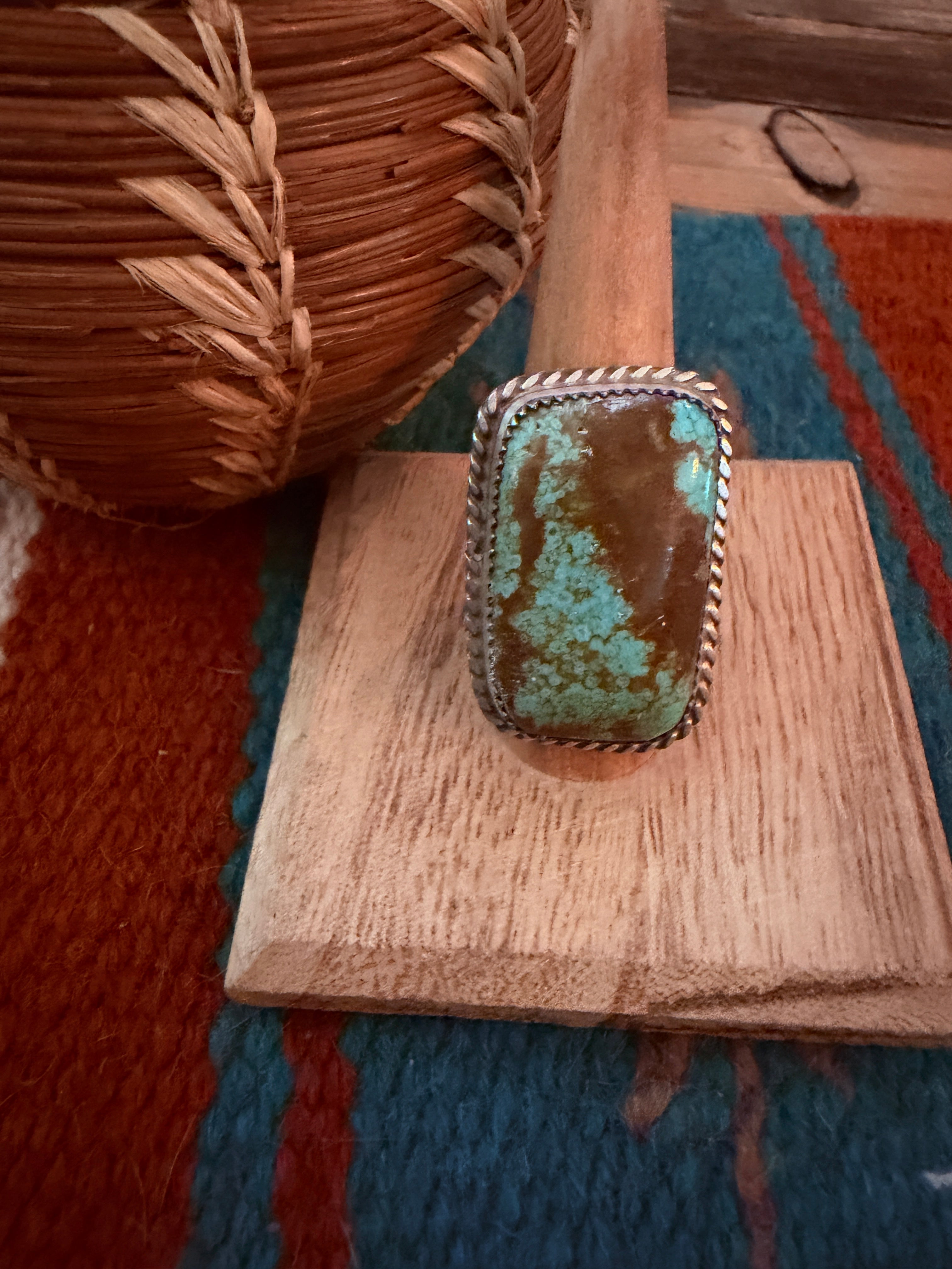 Handcrafted Royston Turquoise & Sterling Silver Ring Size 8.25 by Leslie Nez