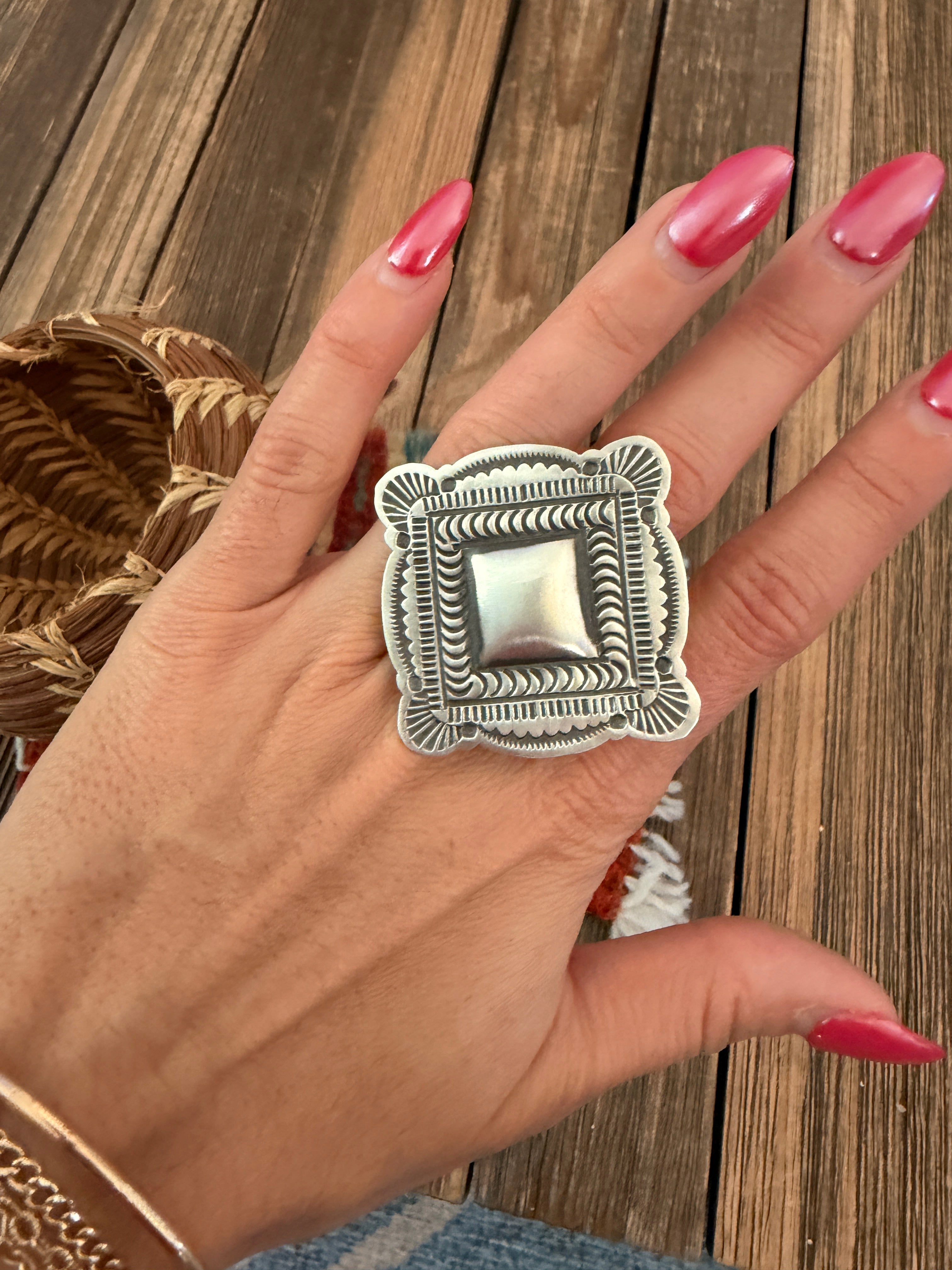 Handcrafted Sterling Silver Adjustable Concho Ring by Leander Tahe