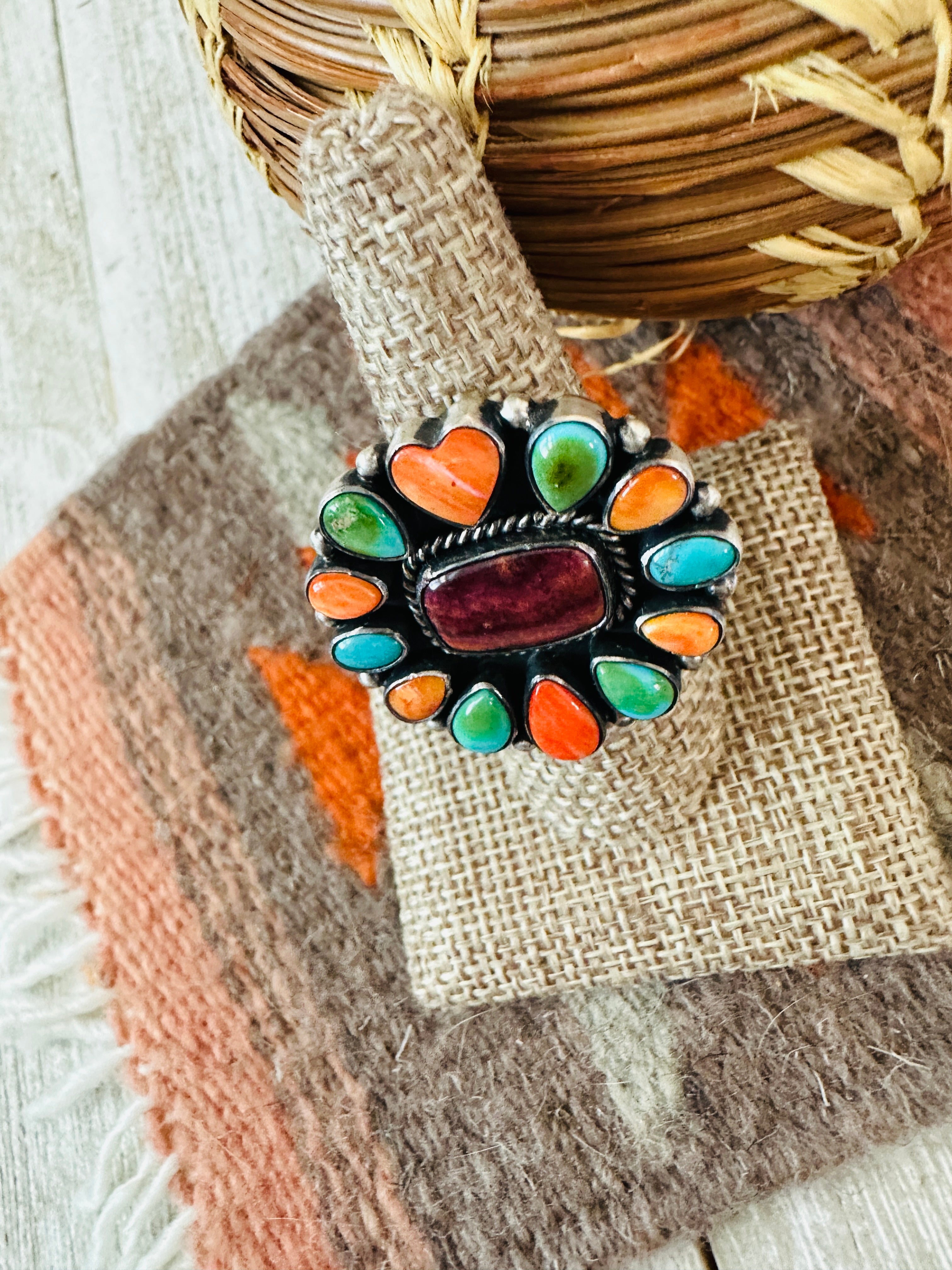 Navajo Electric Rainbow Sterling Silver, Turquoise & Spiny Ring by Bernyse Chavez and Angela Martin, Size 9