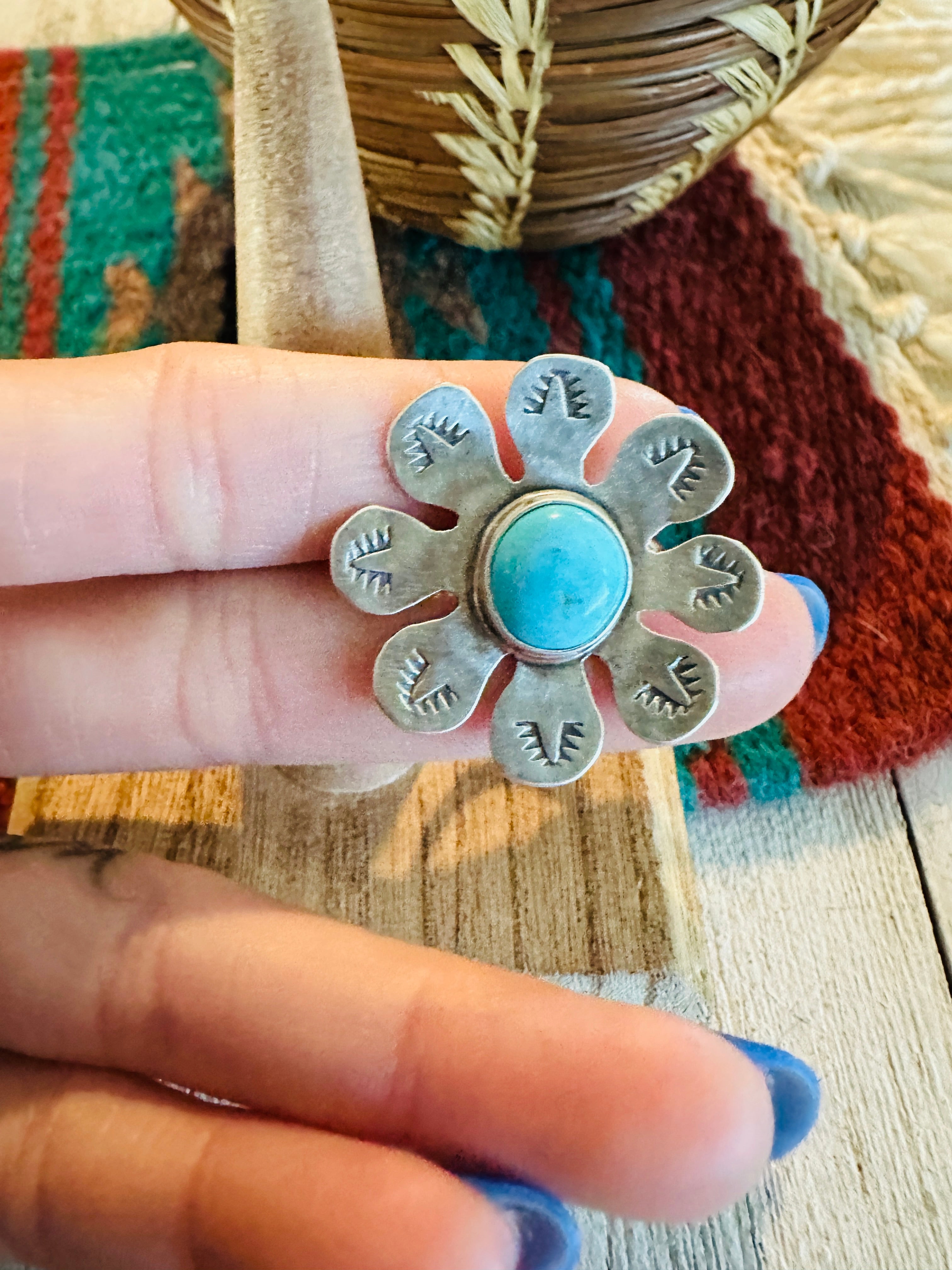 Handcrafted Sterling Silver & Turquoise Adjustable Flower Ring