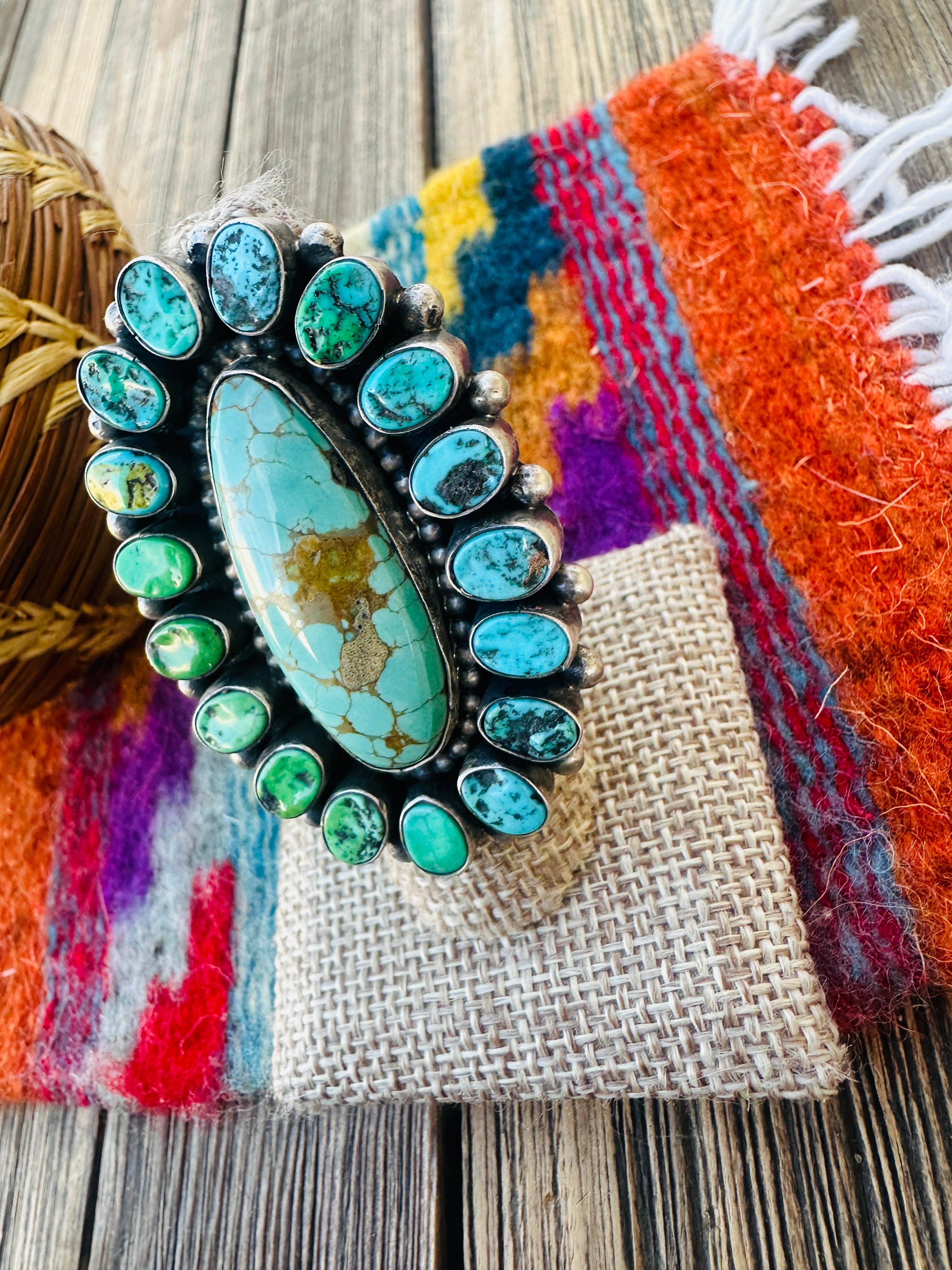Handcrafted Kingman Turquoise & Sterling Silver Cluster Ring Size 8 by Blaine Yellowhorse