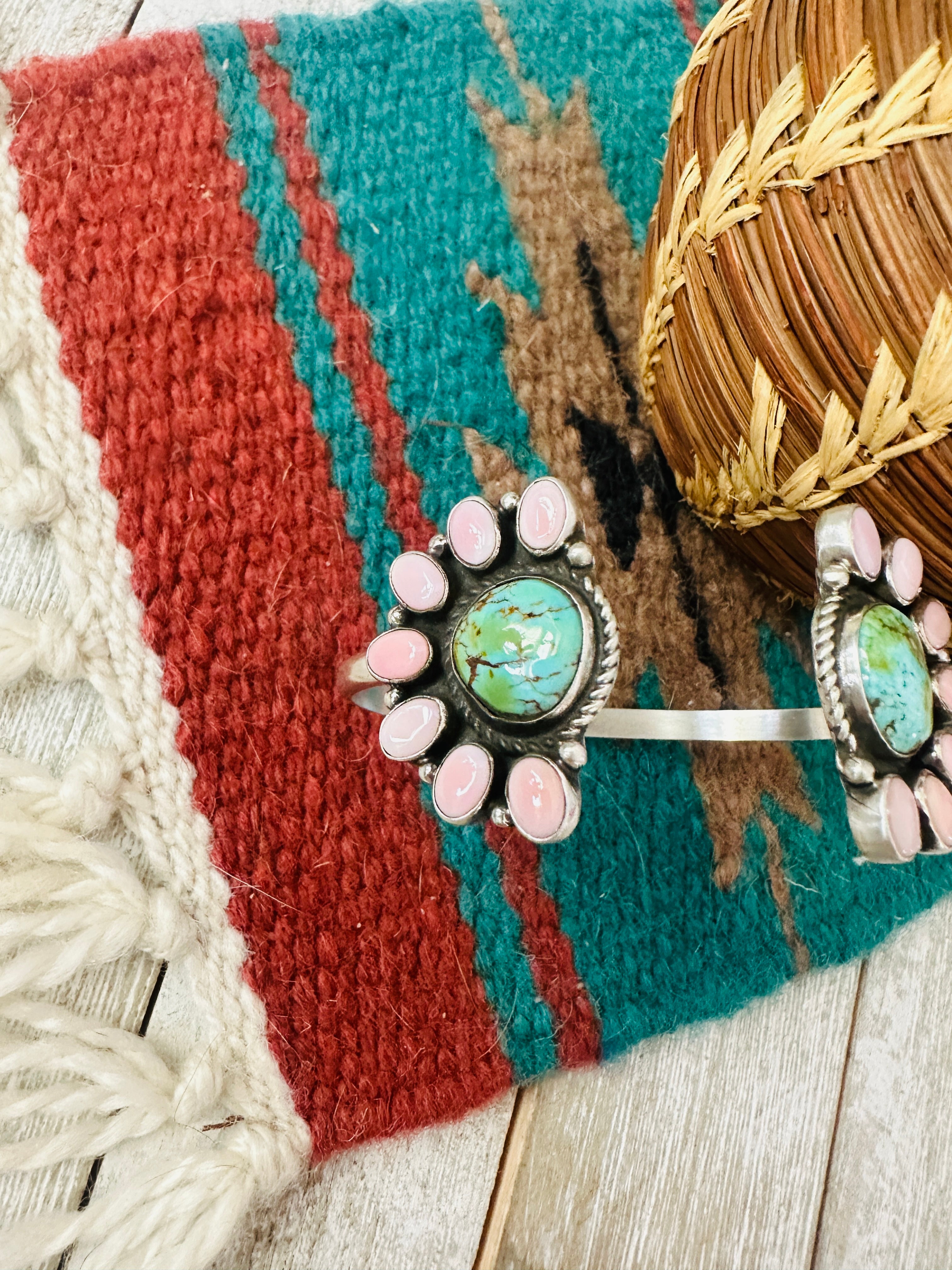 Queen Pink Conch, Turquoise & Sterling Silver Floating Cuff Bracelet /
